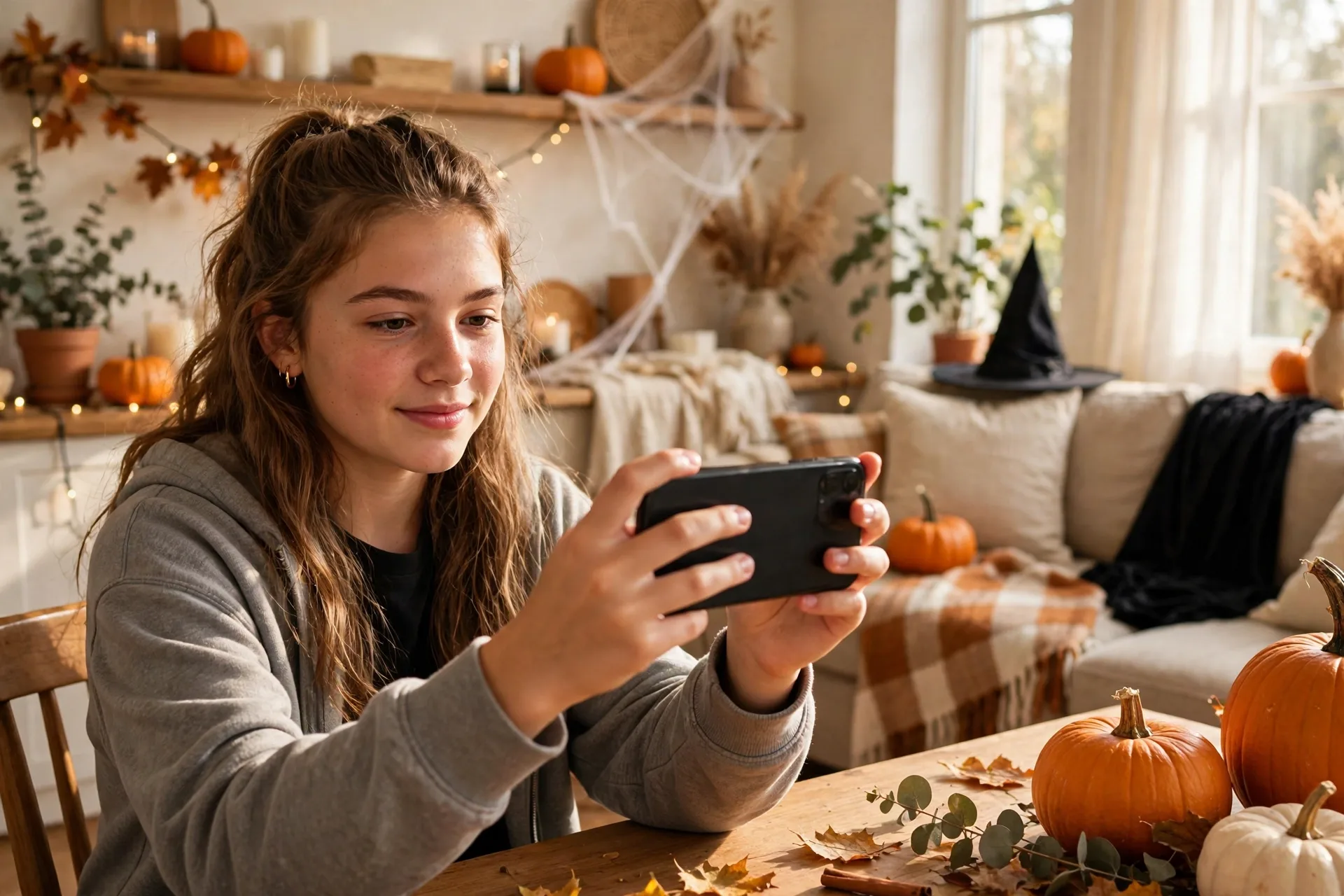 Teen filming a Halloween TikTok costume transition video