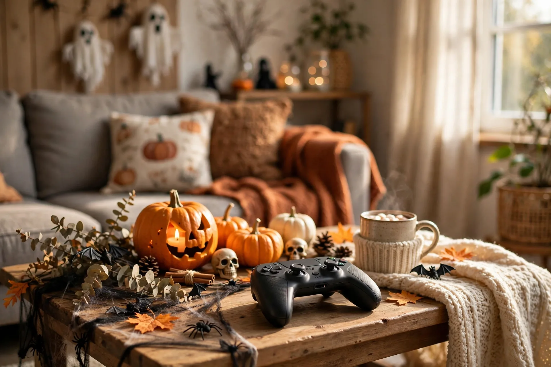 Scary video game night with controller and Halloween decorations