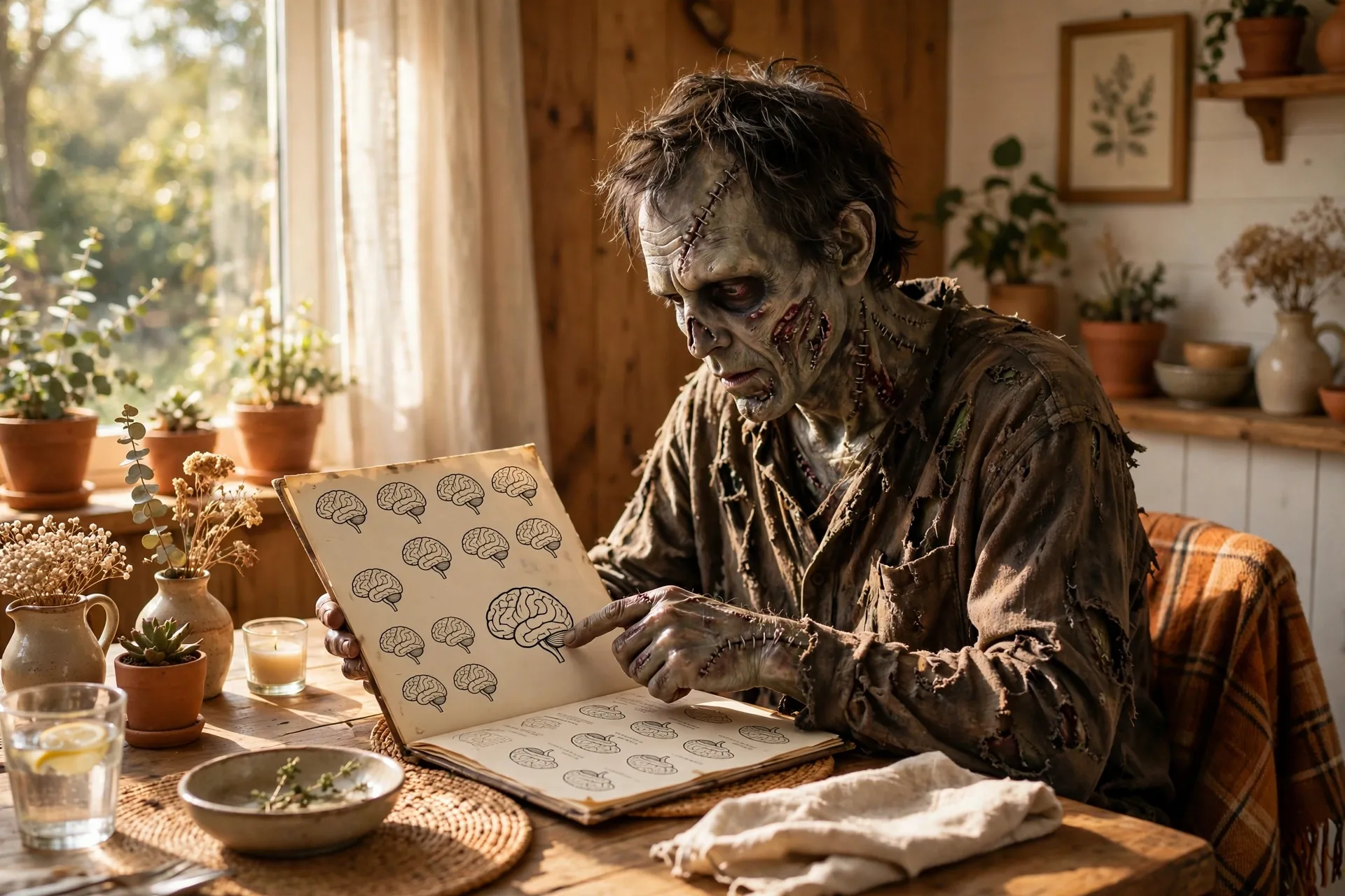 Zombie at a restaurant ordering brains from a menu