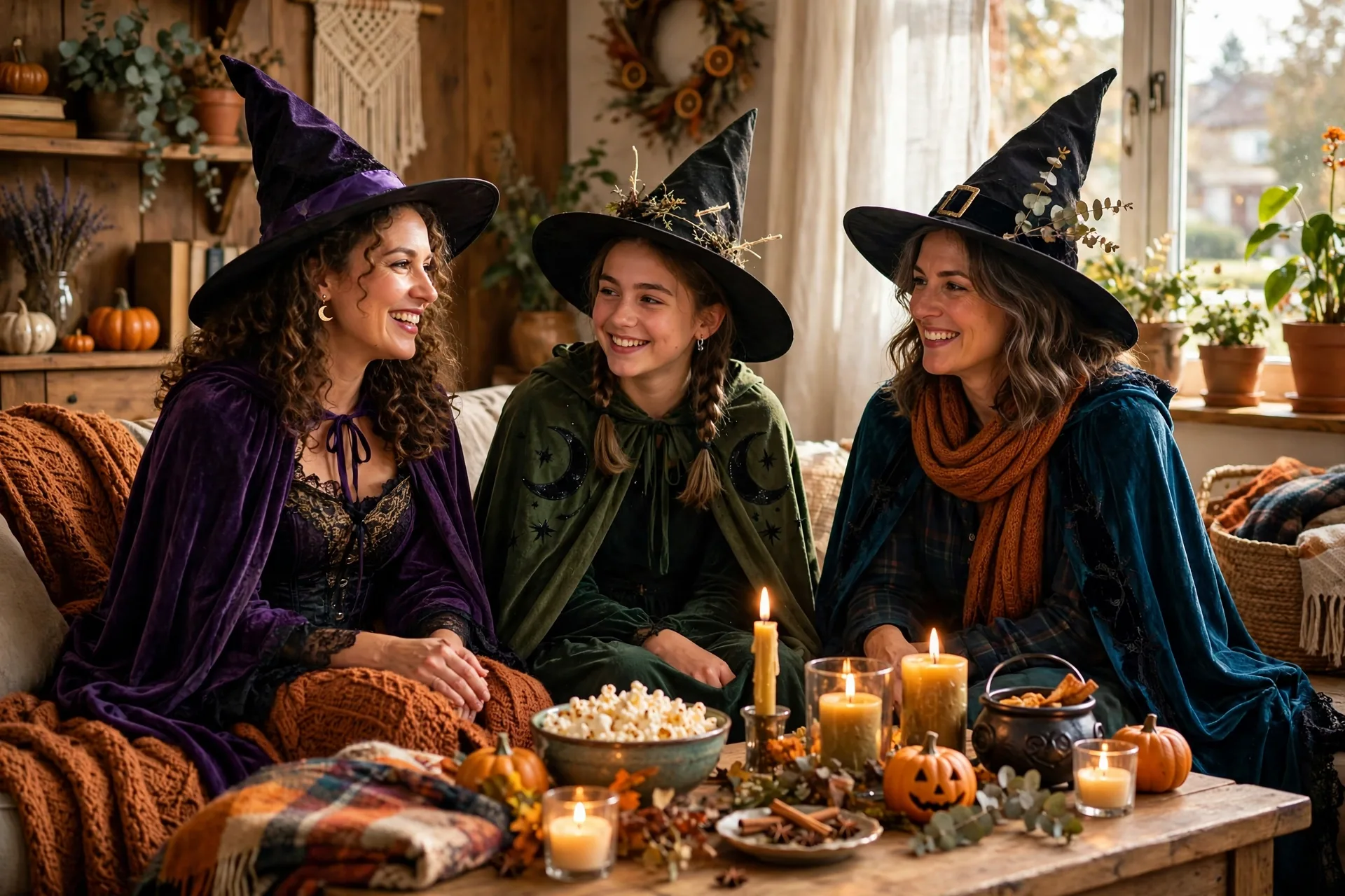 Witch movie night with Hocus Pocus style costumes and candles