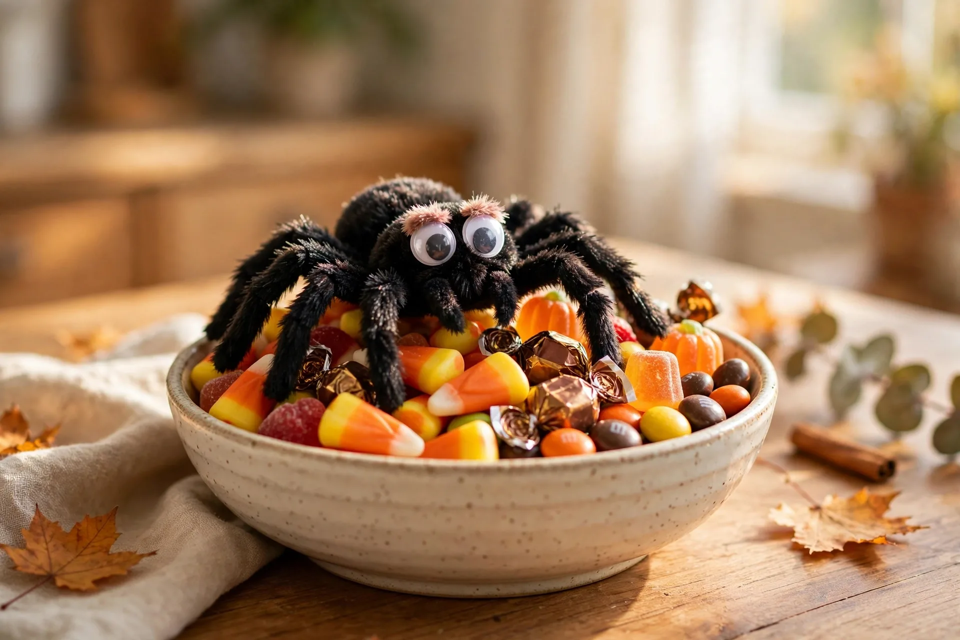 Funny Halloween prank fake spider in a candy bowl