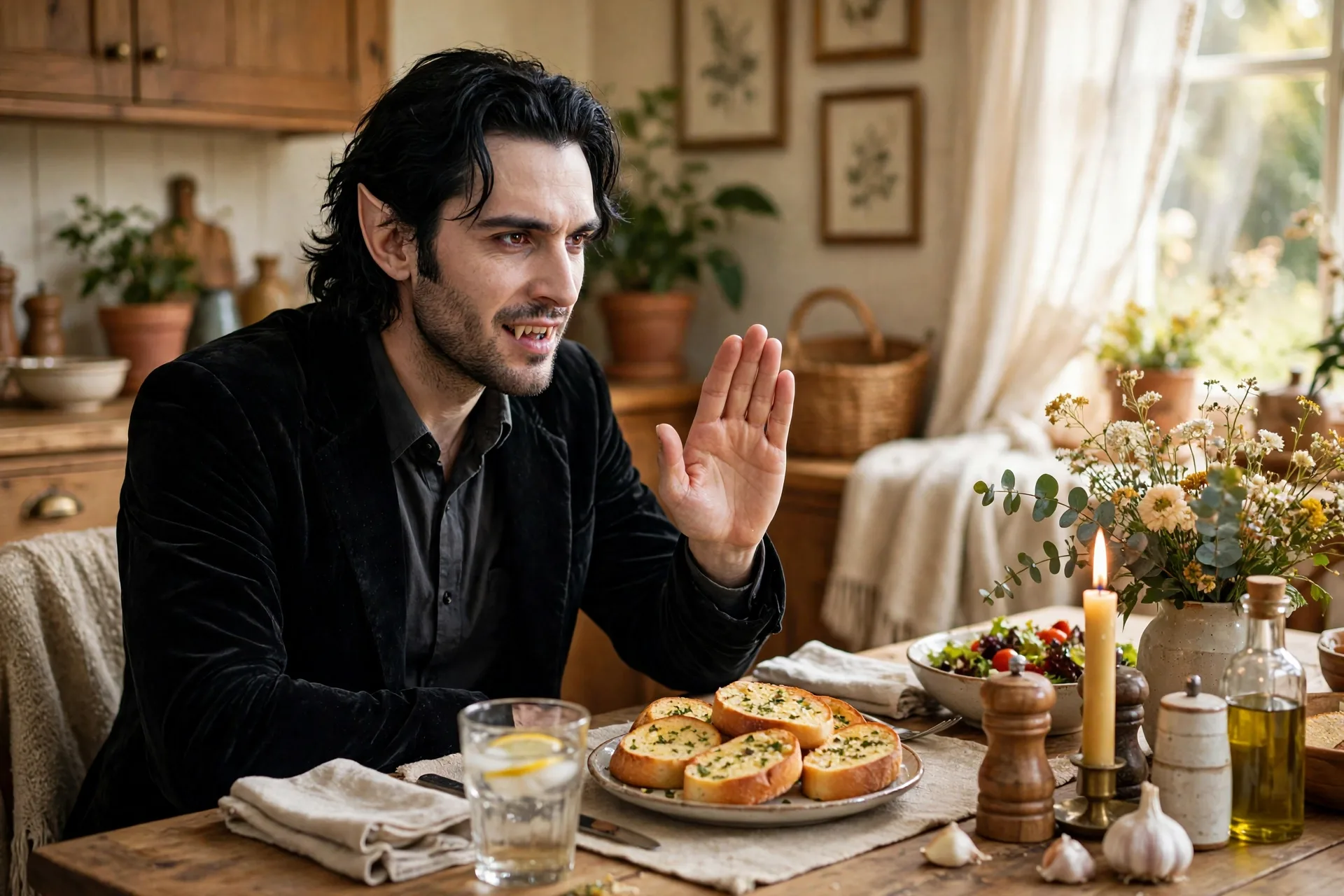 Vampire refusing garlic bread at a dinner table
