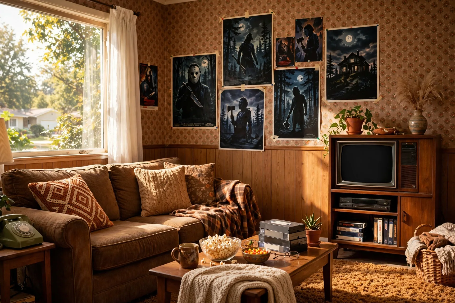 Eighties horror movie night with slasher film posters