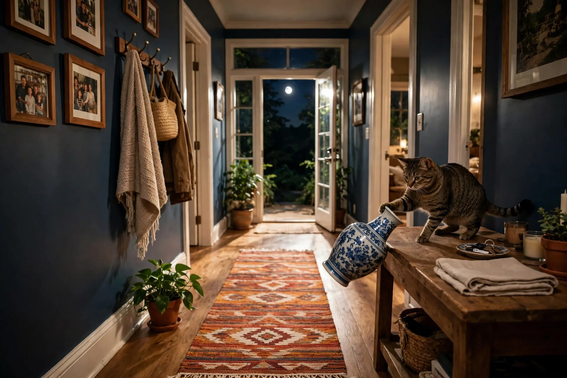Dark hallway at night with a cat knocking over a vase