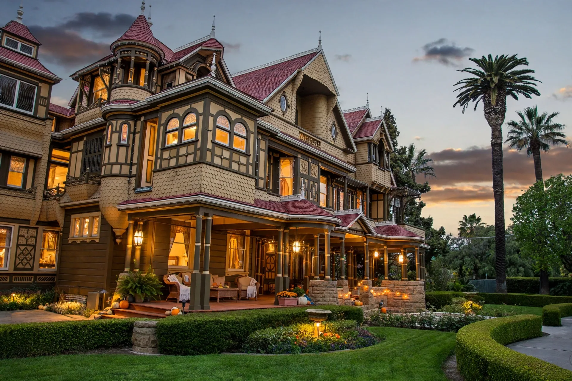 Famous haunted house Winchester Mystery House at dusk