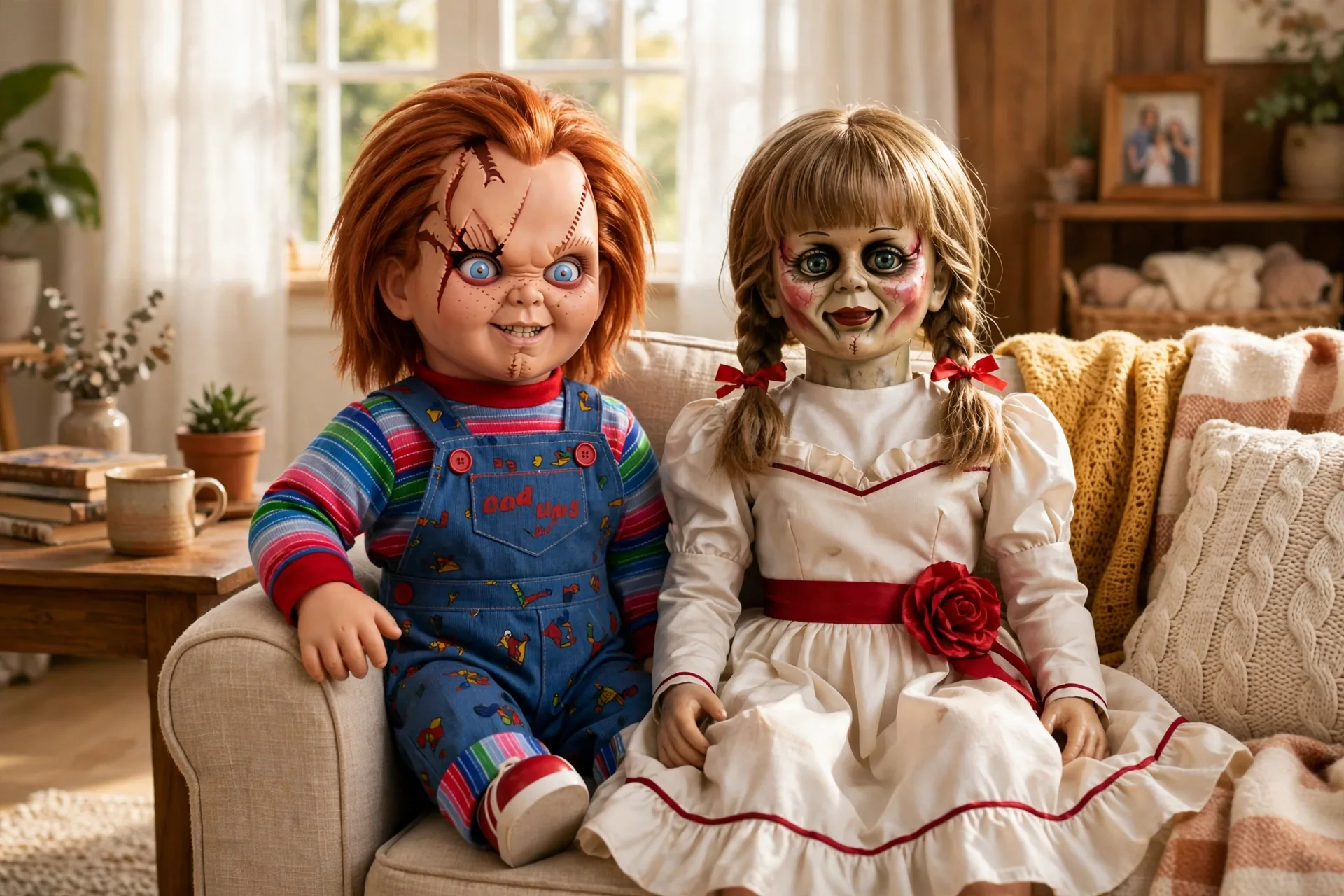Creepy dolls from horror movies Chucky and Annabelle style