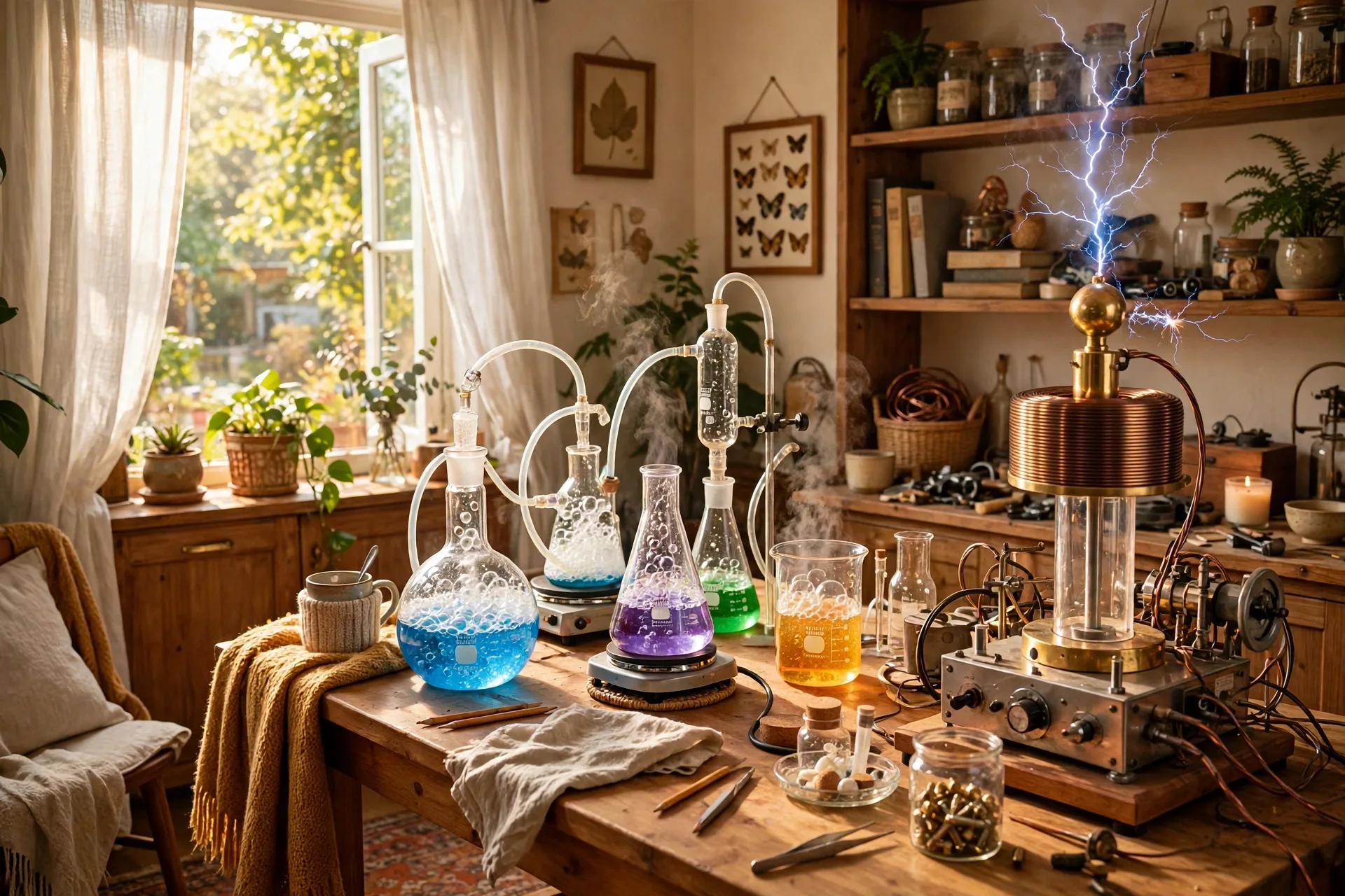 Mad scientist laboratory with bubbling flasks and lightning machine