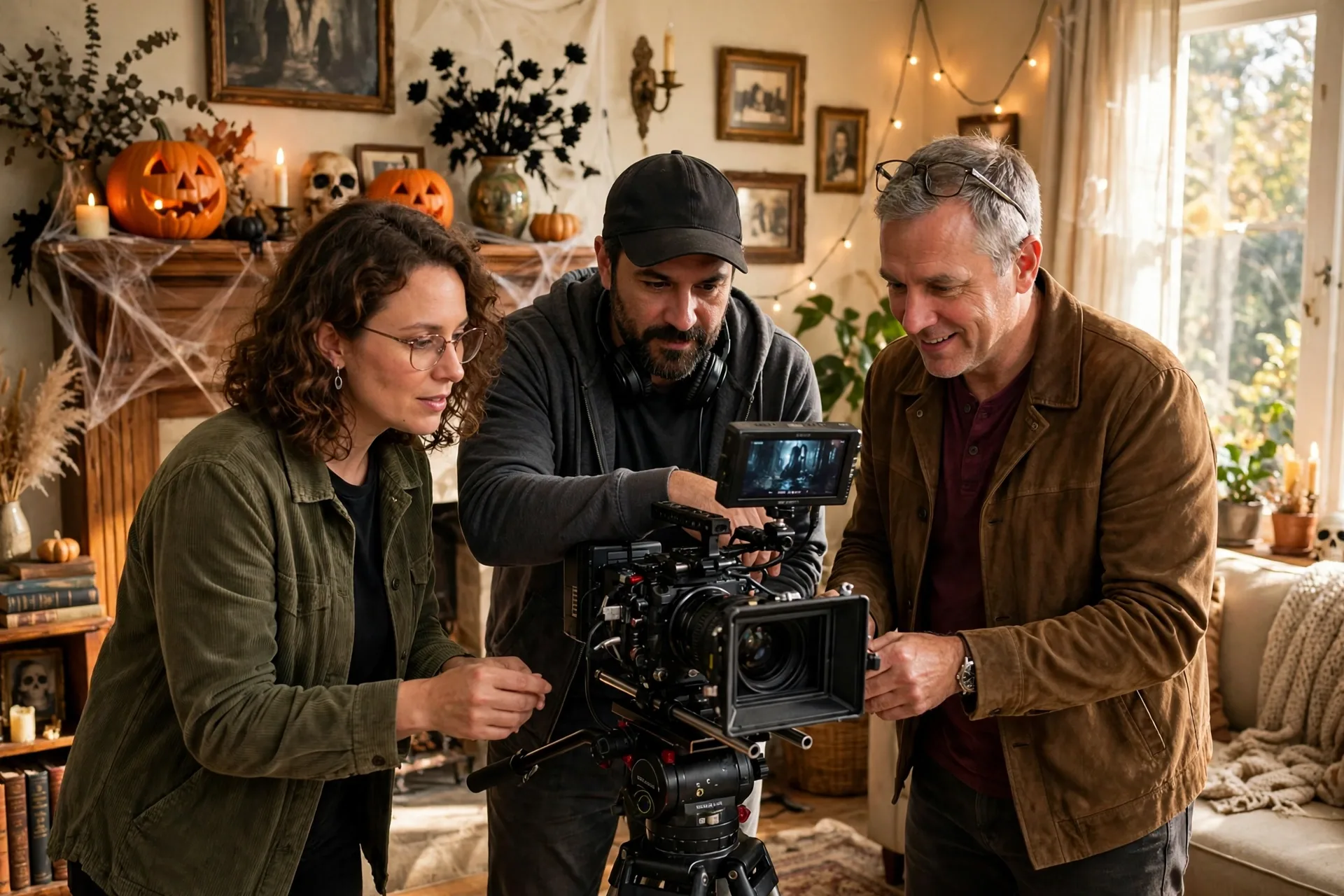 Horror movie directors behind the camera on a spooky film set