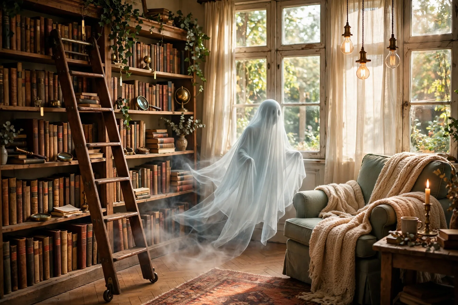 Ghost haunting an old library with flickering lights