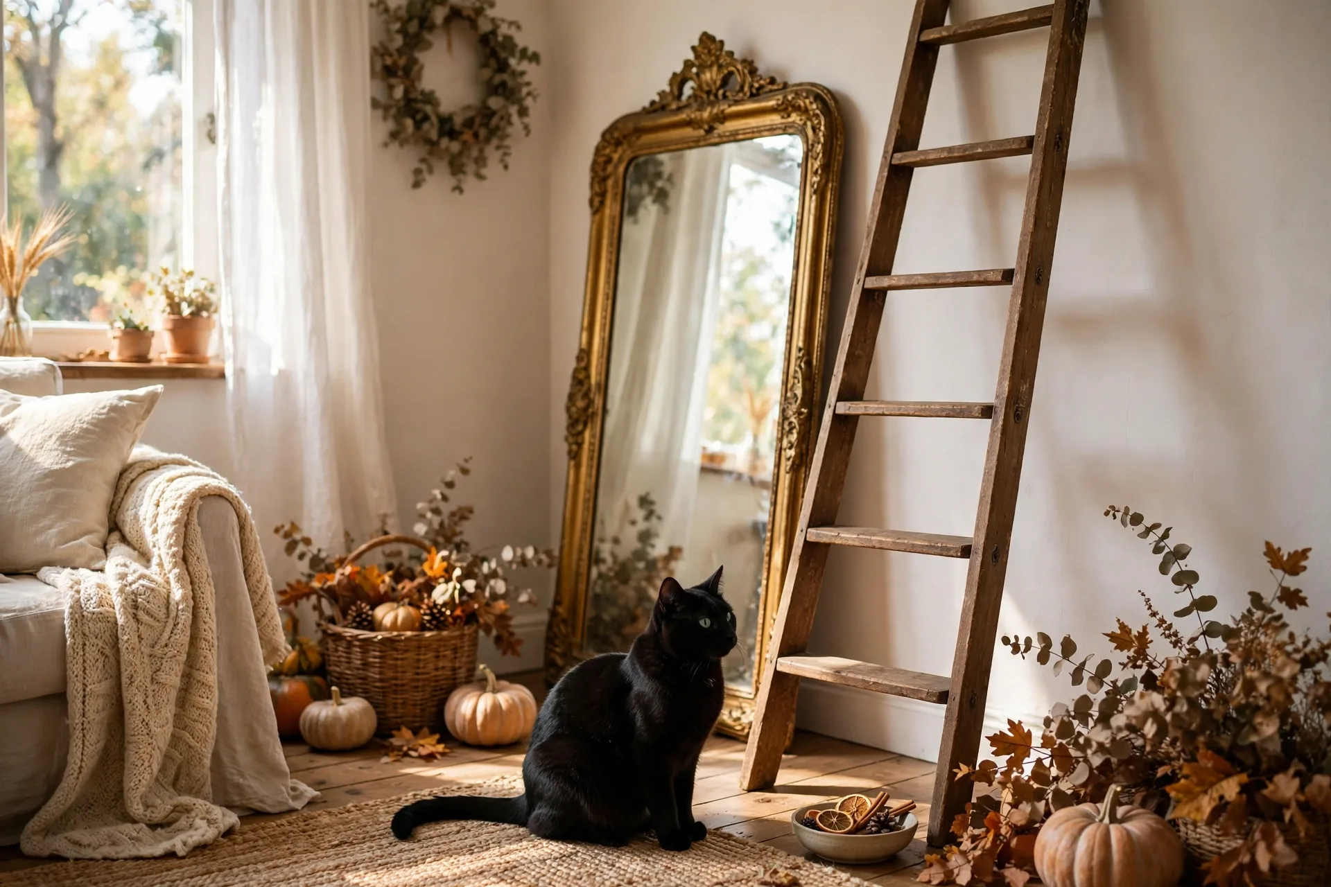 Halloween superstitions black cat mirror and ladder