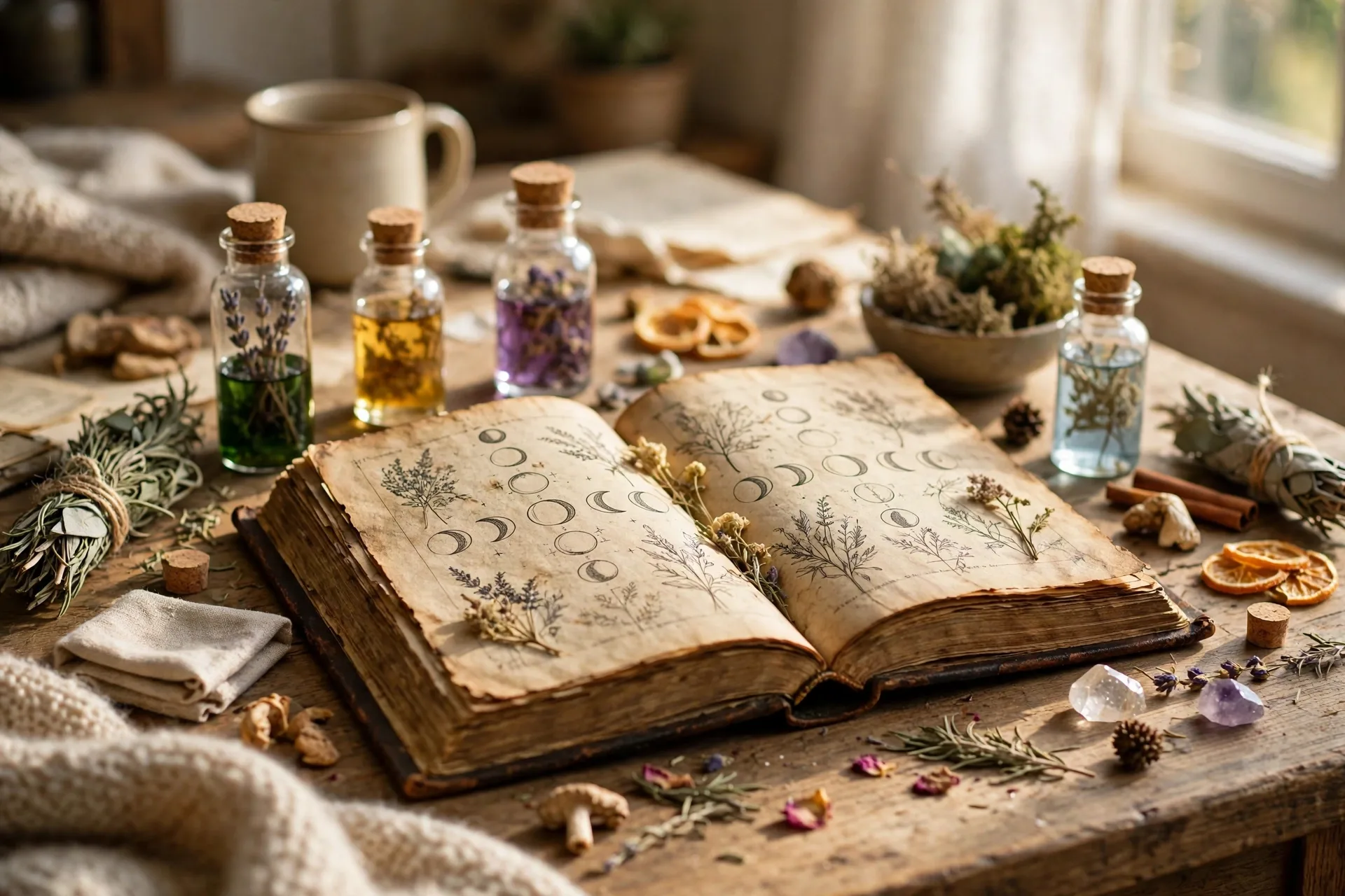 Witch spell book open with potions and old pages