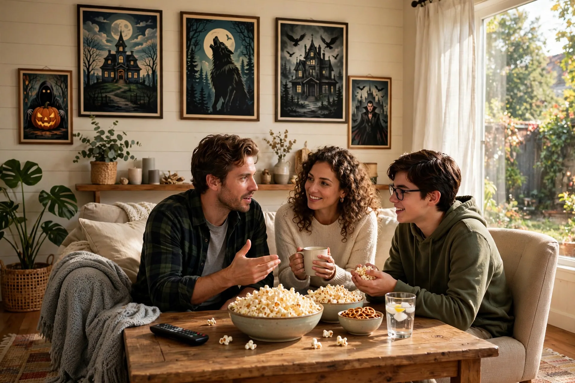 Horror movie sequels debate with film posters and popcorn