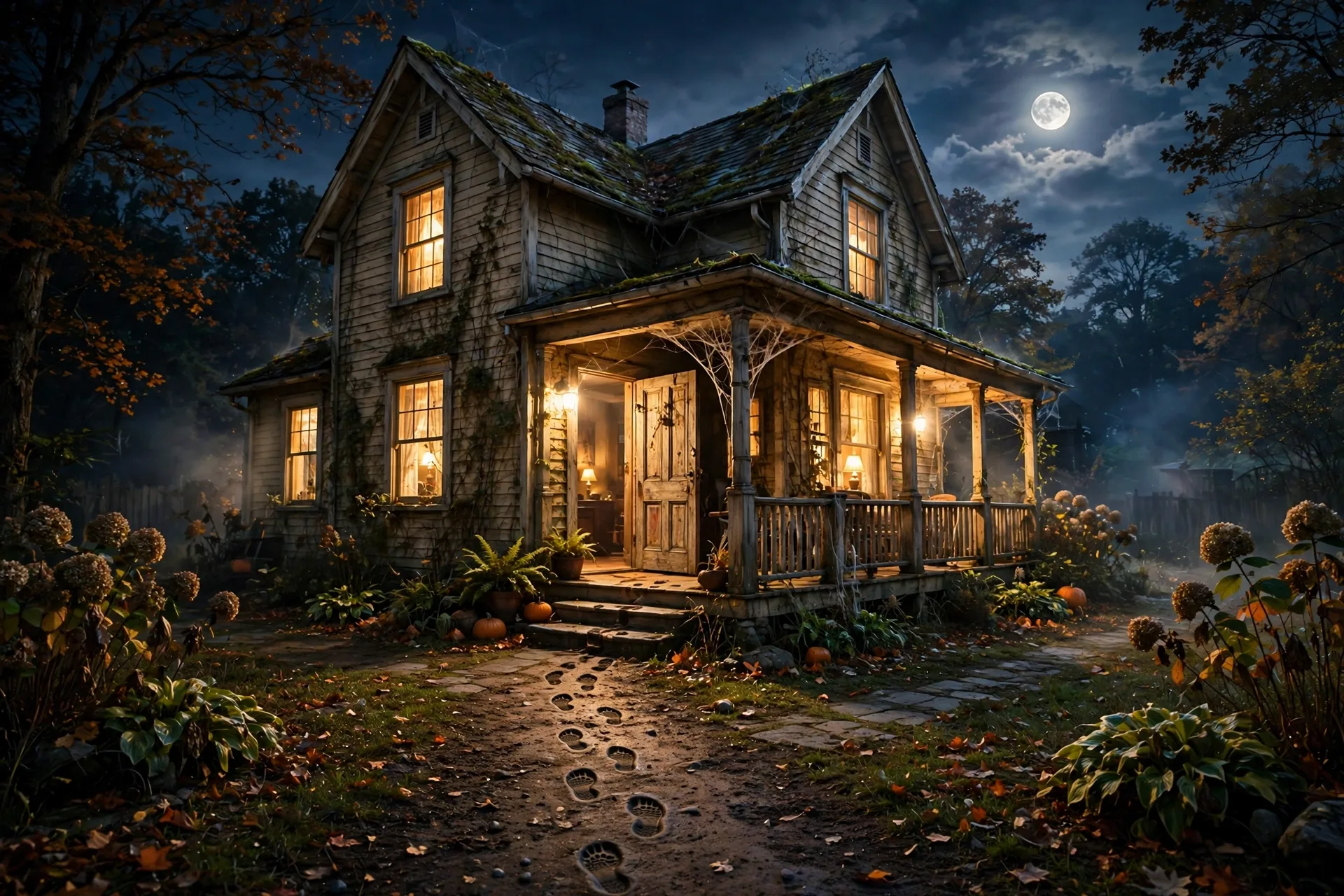 Haunted house at midnight with creaking door and footsteps