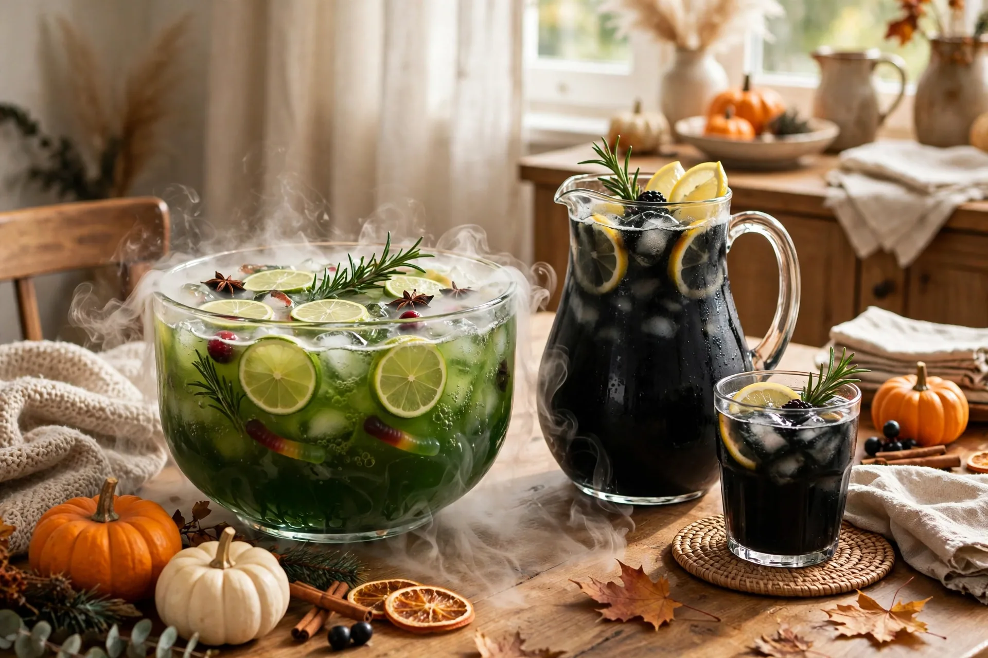 Halloween party drinks witches brew punch and black lemonade