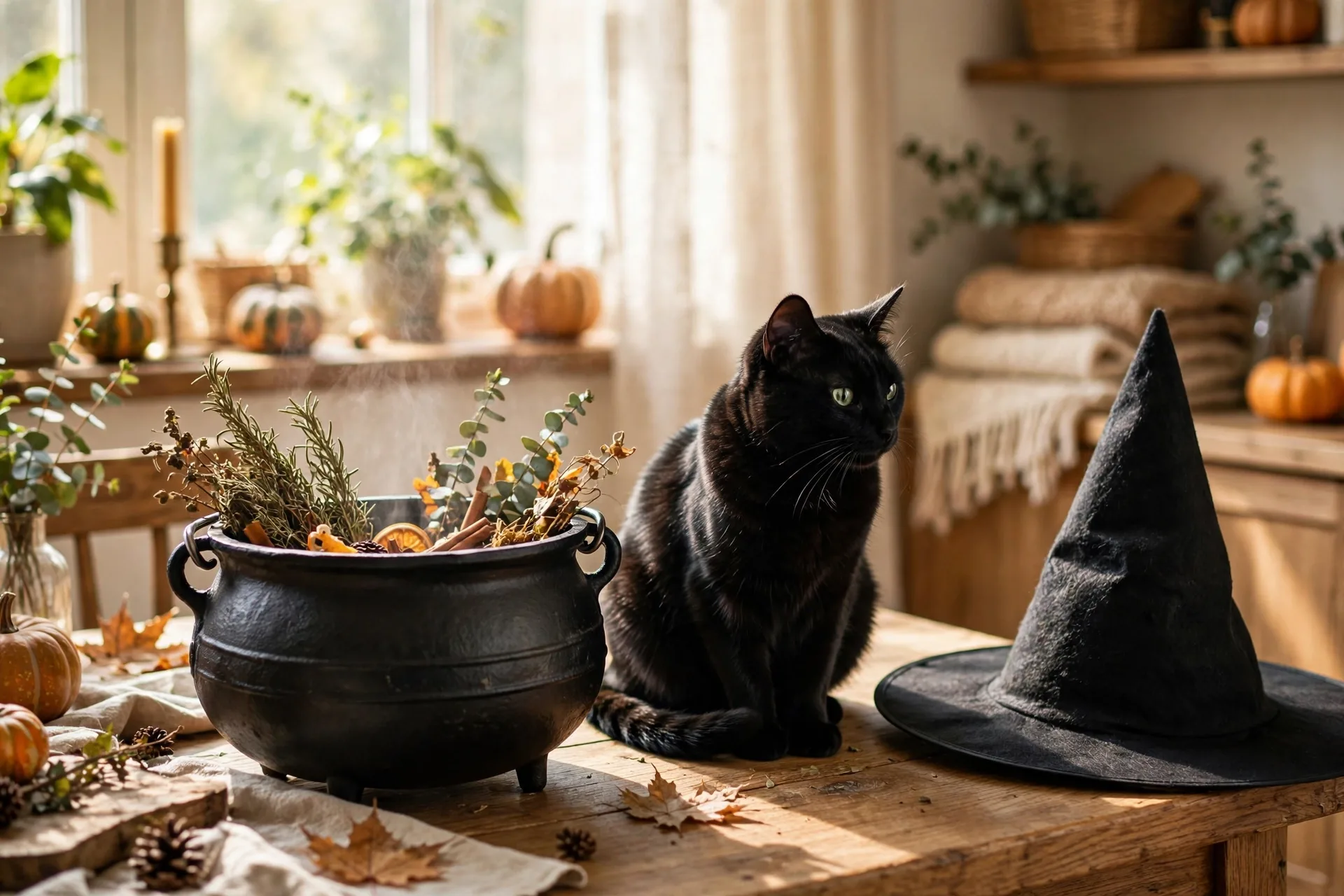 Black Halloween things cat cauldron and witch hat