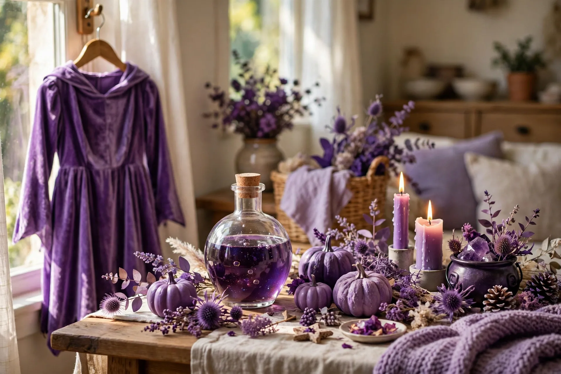 Purple Halloween things witch dress potion bottle and decorations