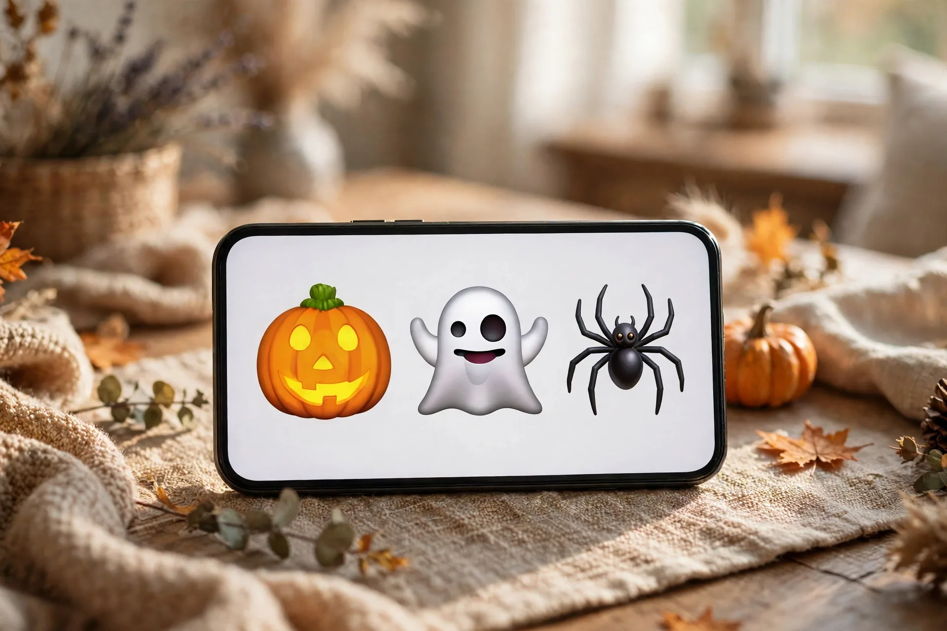 Halloween emojis jack-o-lantern ghost and spider on a phone