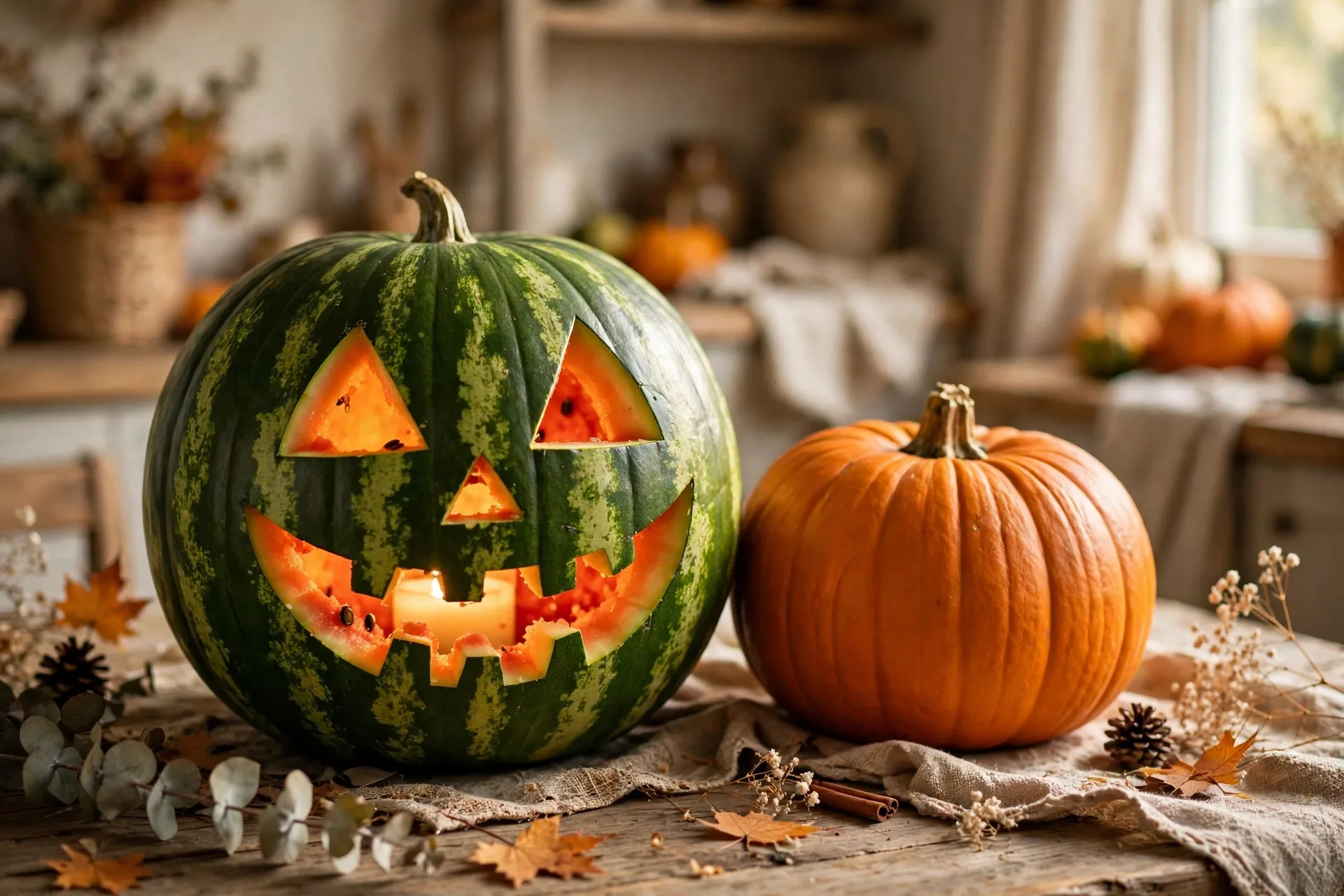 Carved watermelon jack-o-lantern next to a pumpkin
