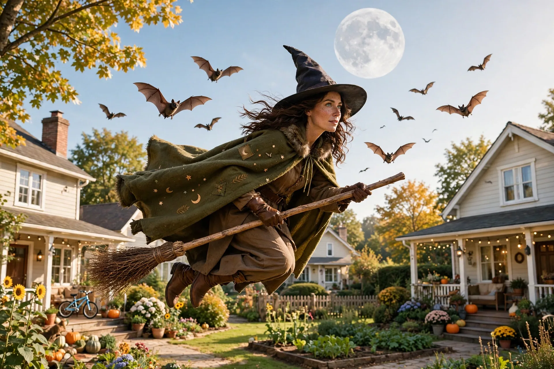 Witch flying on a broom with bats across a full moon