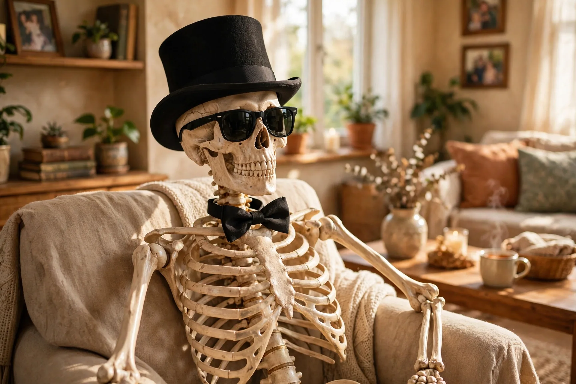 Skeleton wearing a top hat bow tie and sunglasses
