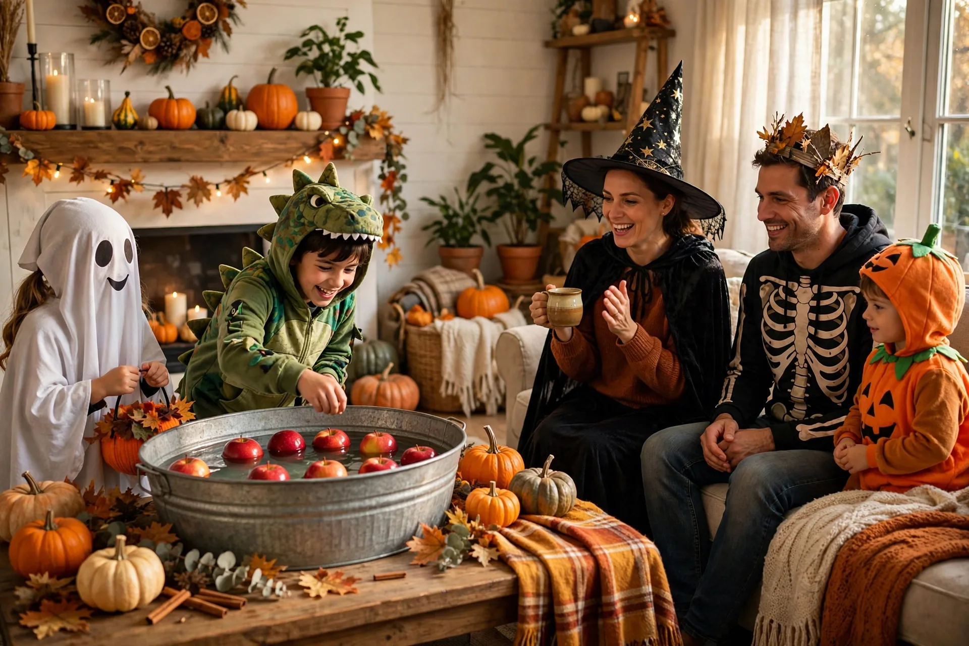 Halloween party games bobbing for apples and costume contest