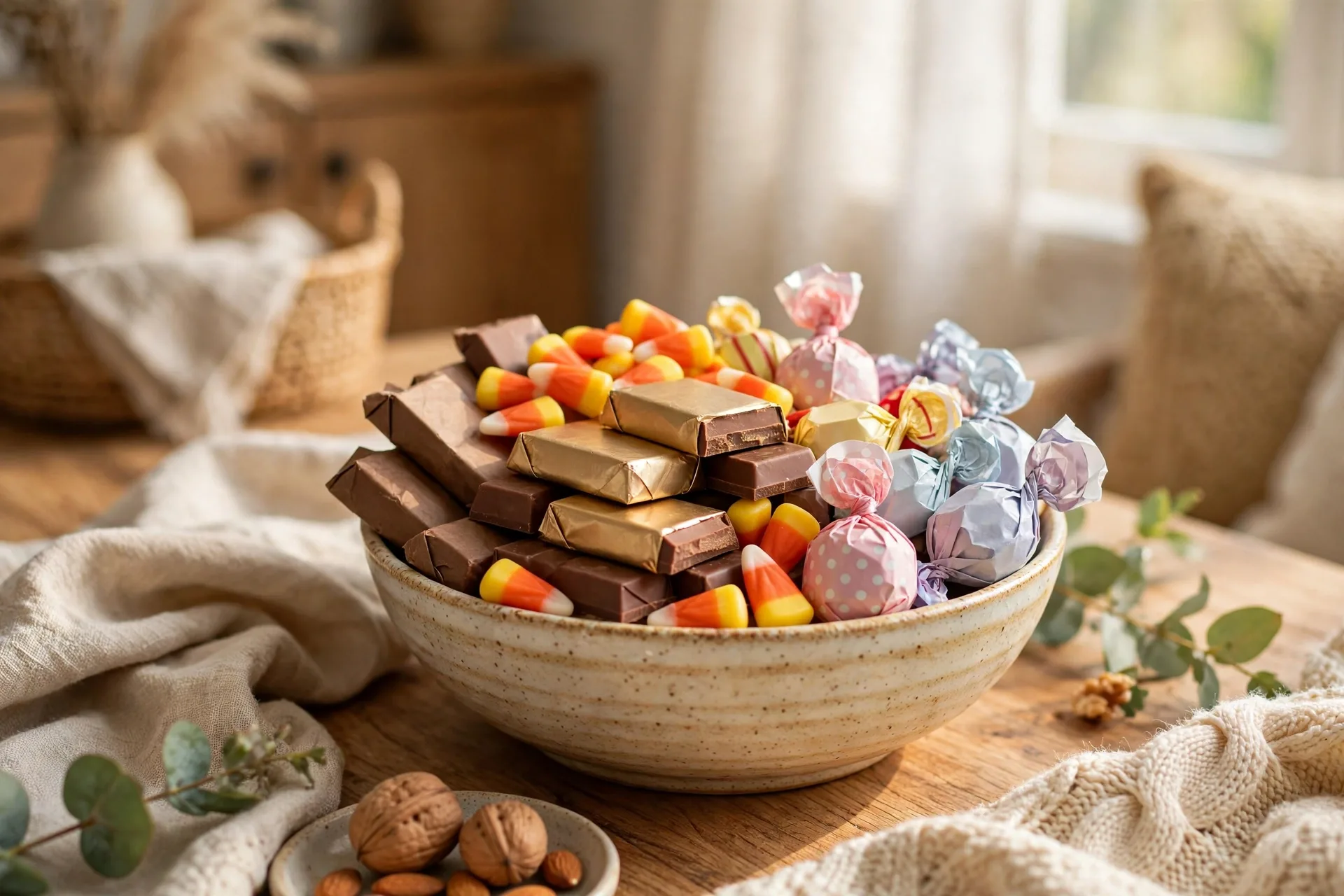 Candy bowl full of chocolate bars candy corn and wrapped sweets