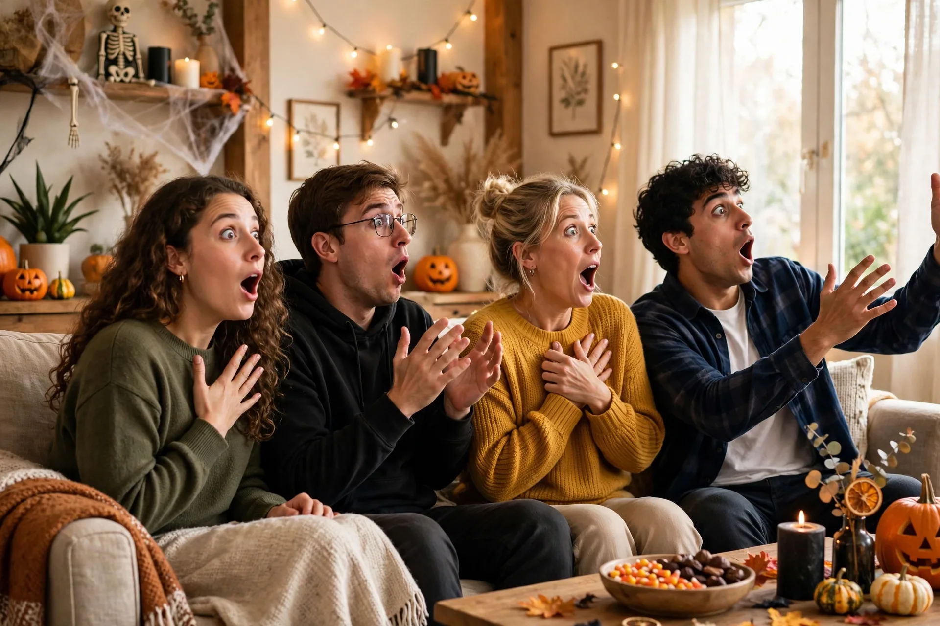 Jump scare moment friends startled at a Halloween party