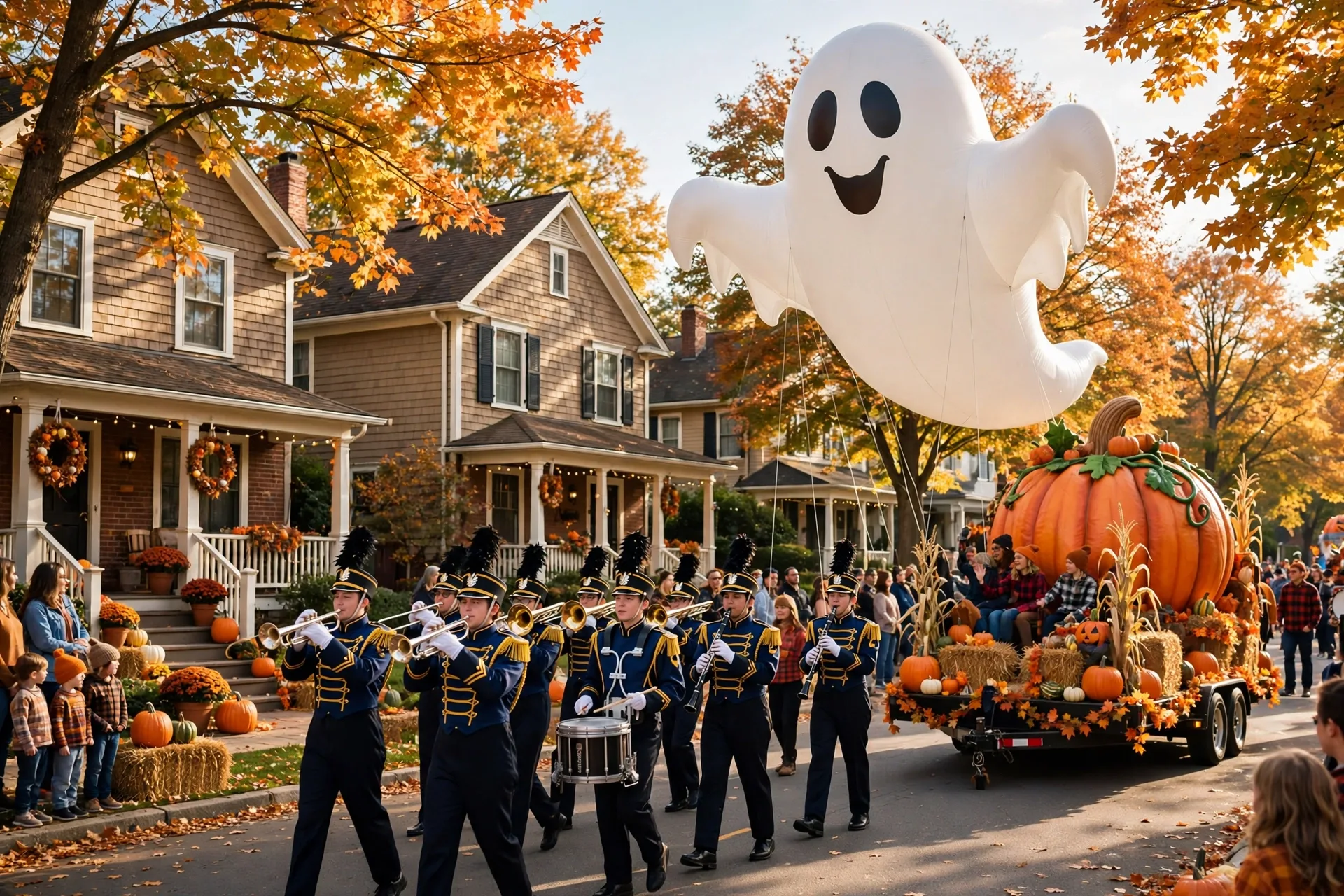 Halloween parade with marching band giant ghost balloon and pumpkin float