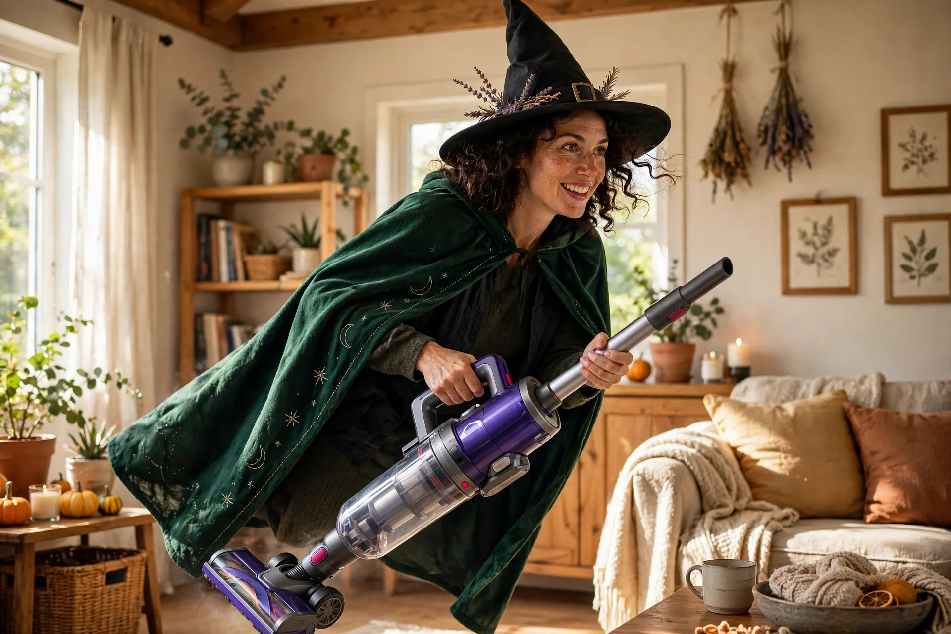 Witch riding a vacuum cleaner instead of a broom