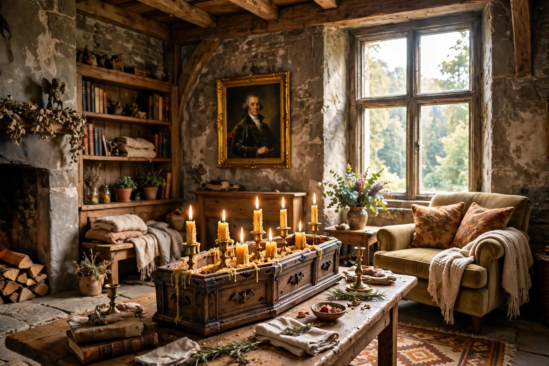 Vampire castle interior with coffin candelabra and portrait