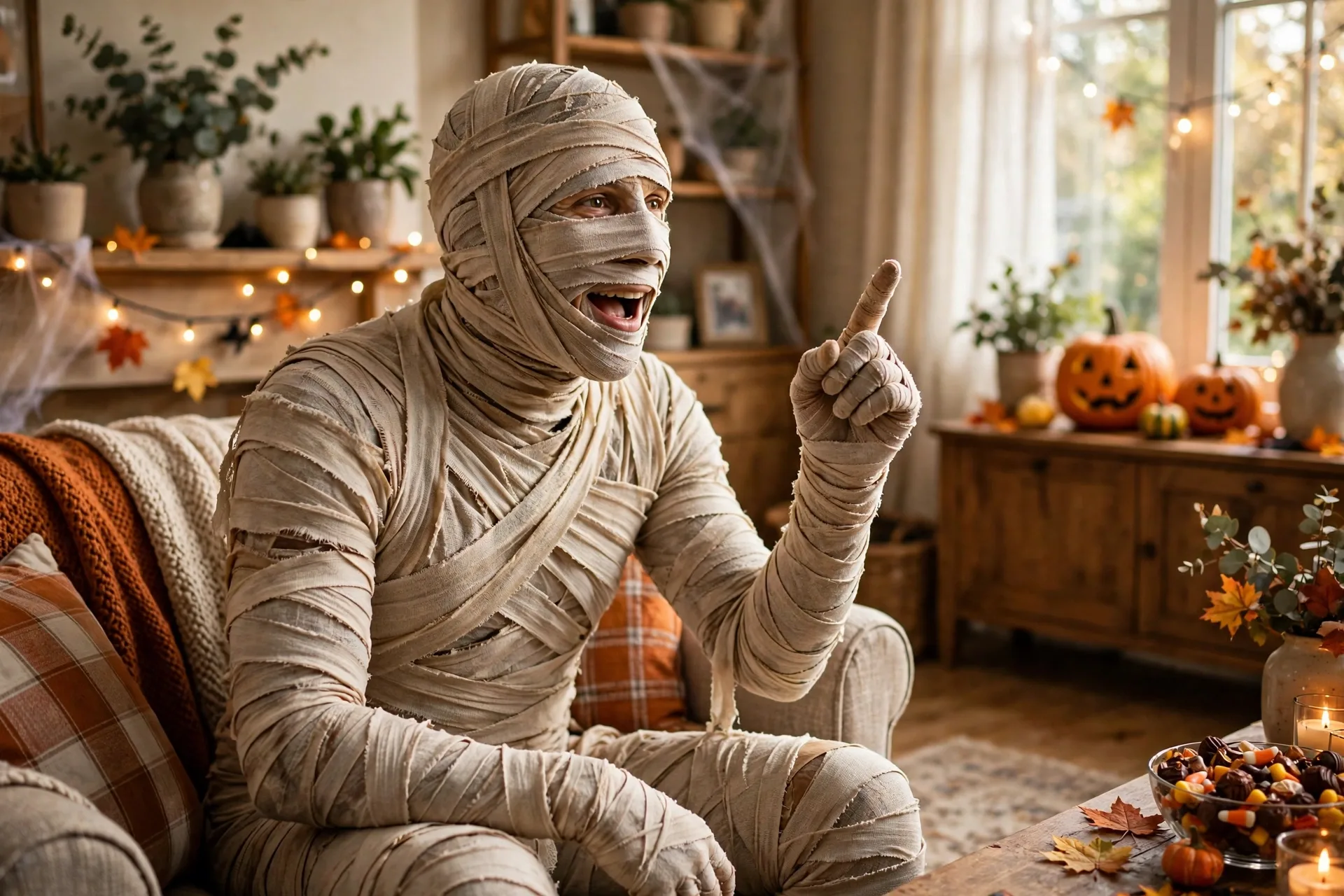 Mummy telling jokes wrapped in bandages at a Halloween party
