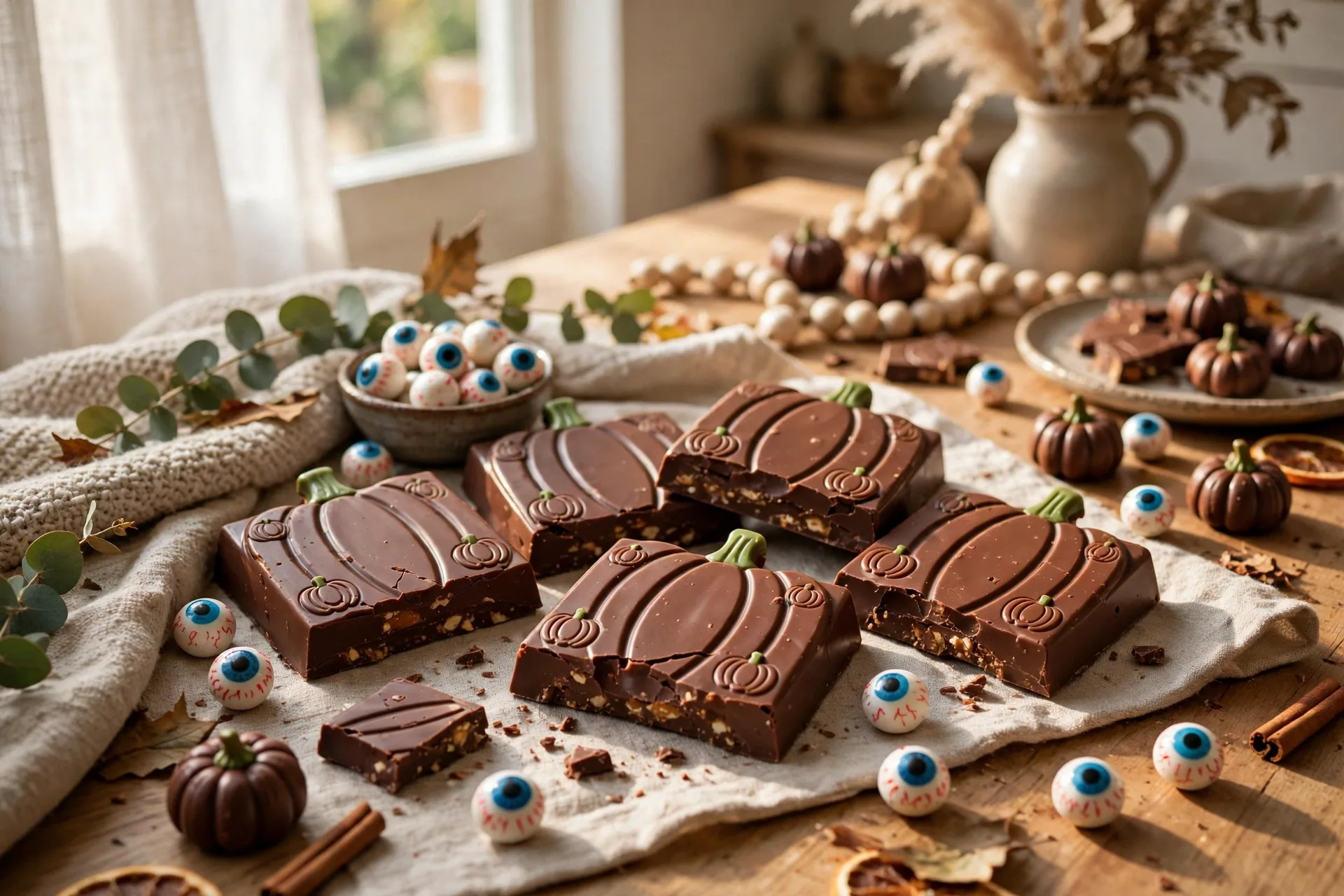 Chocolate Halloween treats pumpkin candy bars and eyeballs