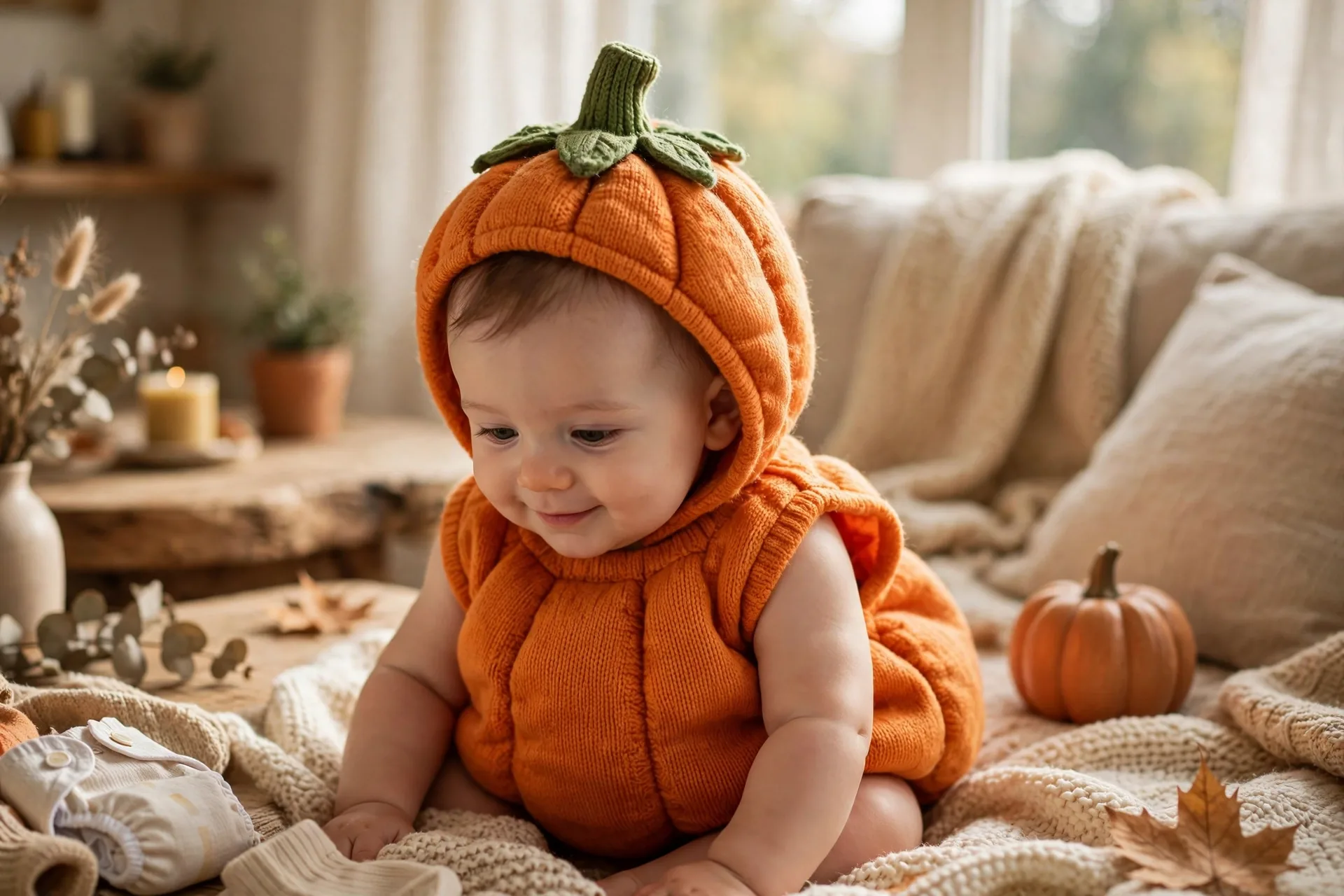 Baby in a tiny pumpkin Halloween costume