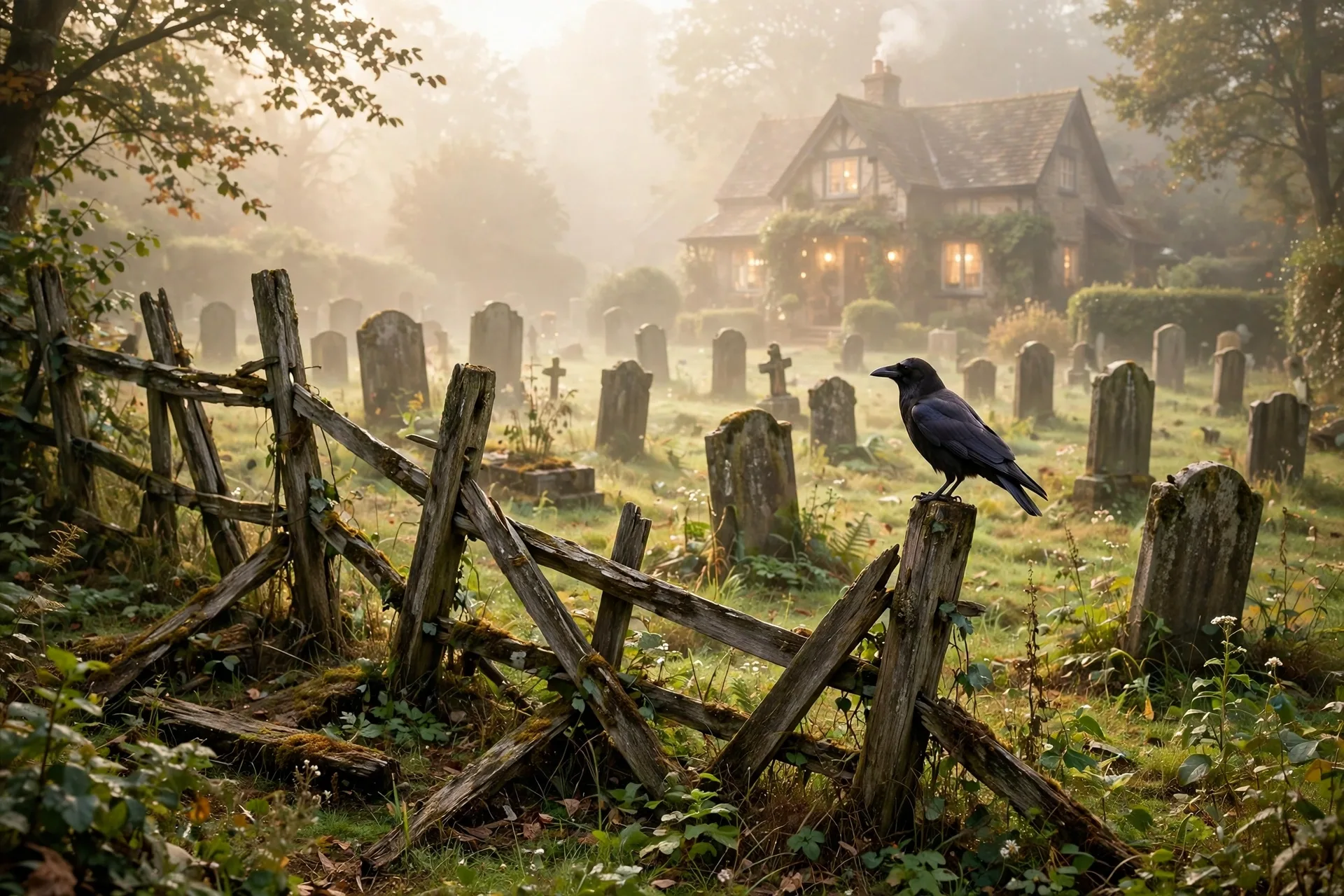 Foggy graveyard with tombstones crooked fence and a crow