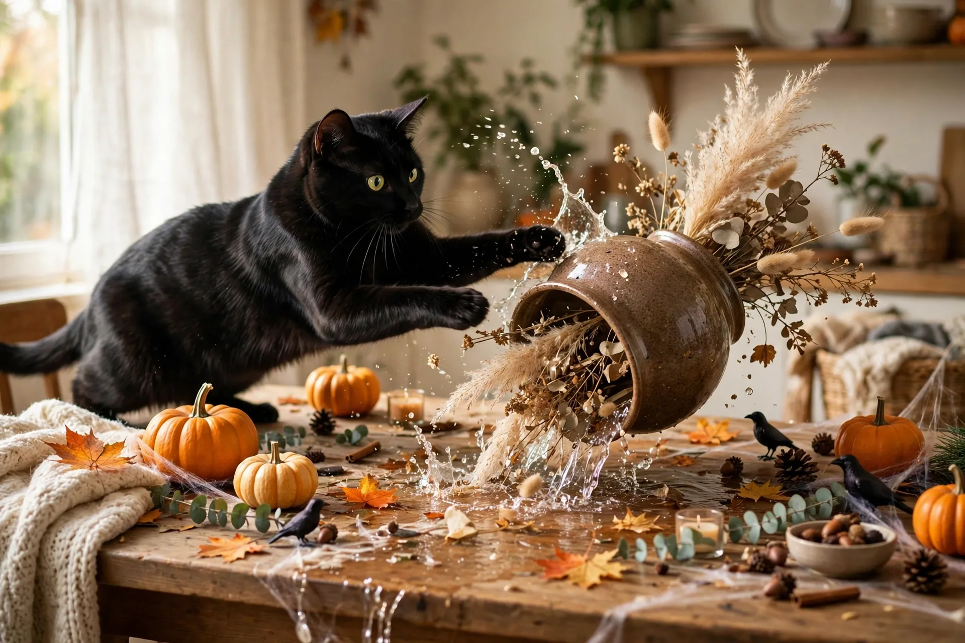 Black cat knocking over a vase on a Halloween decorated table
