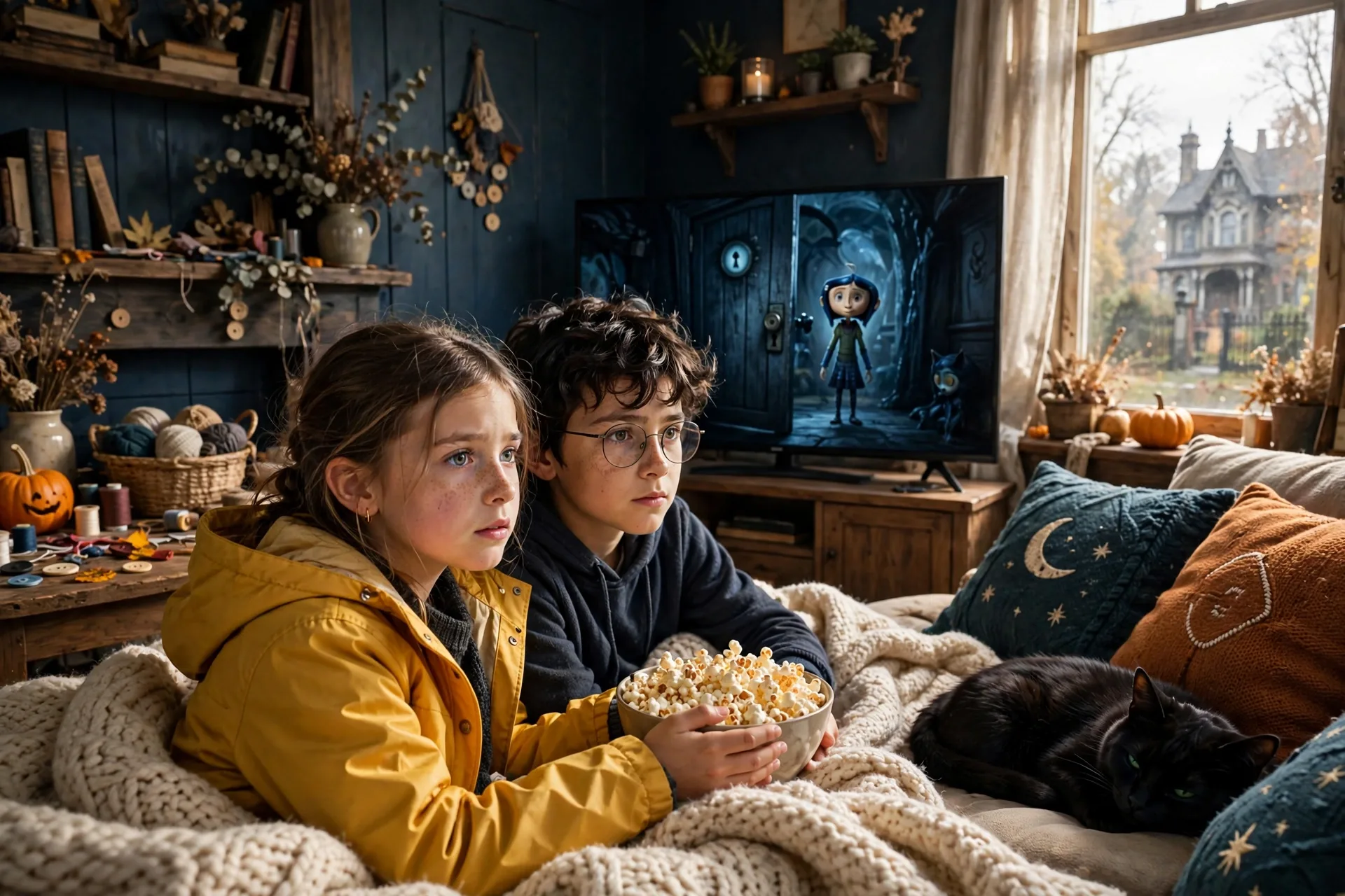 Scary movie with kids Coraline style spooky and dark
