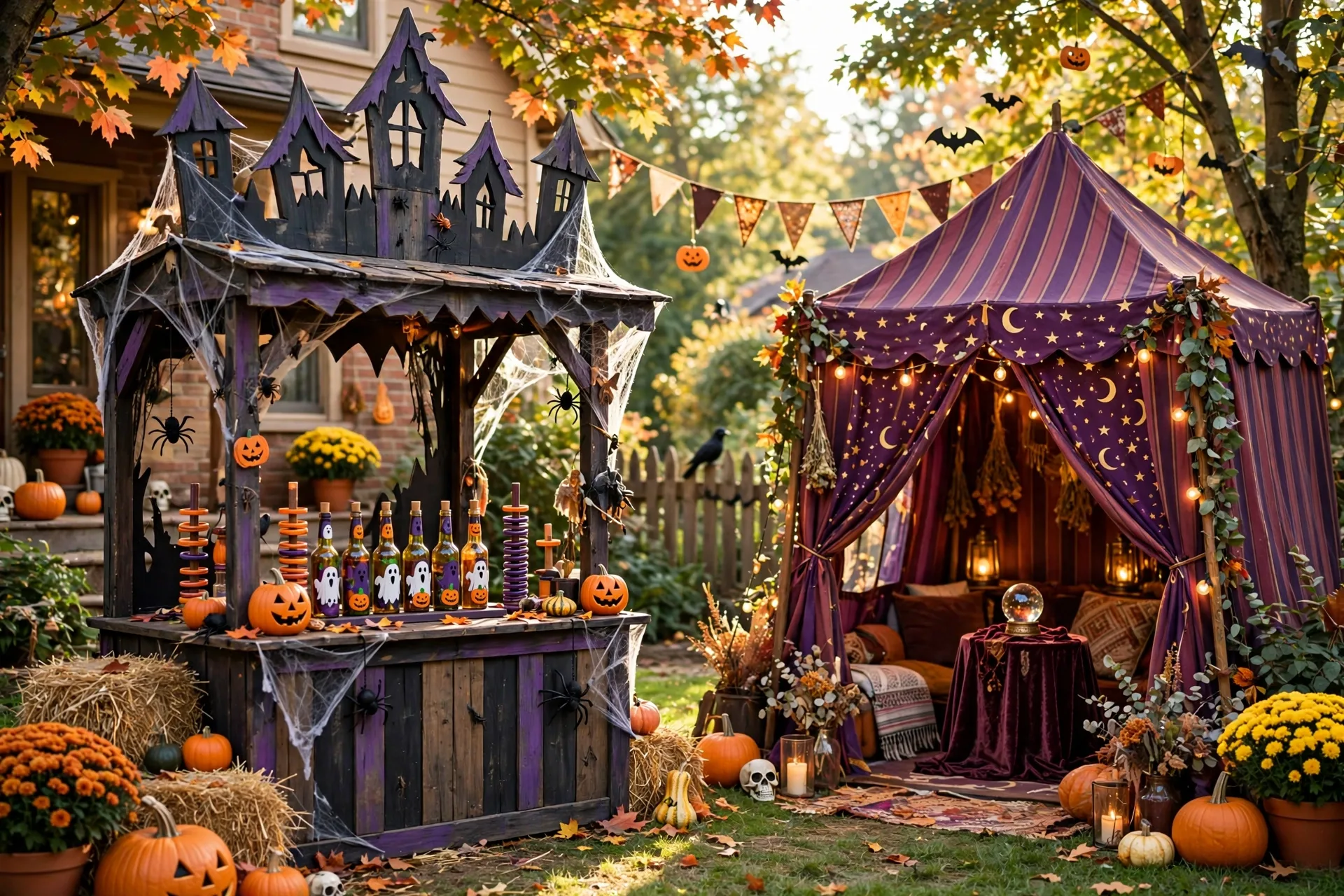 Halloween carnival with haunted house ring toss and fortune teller tent