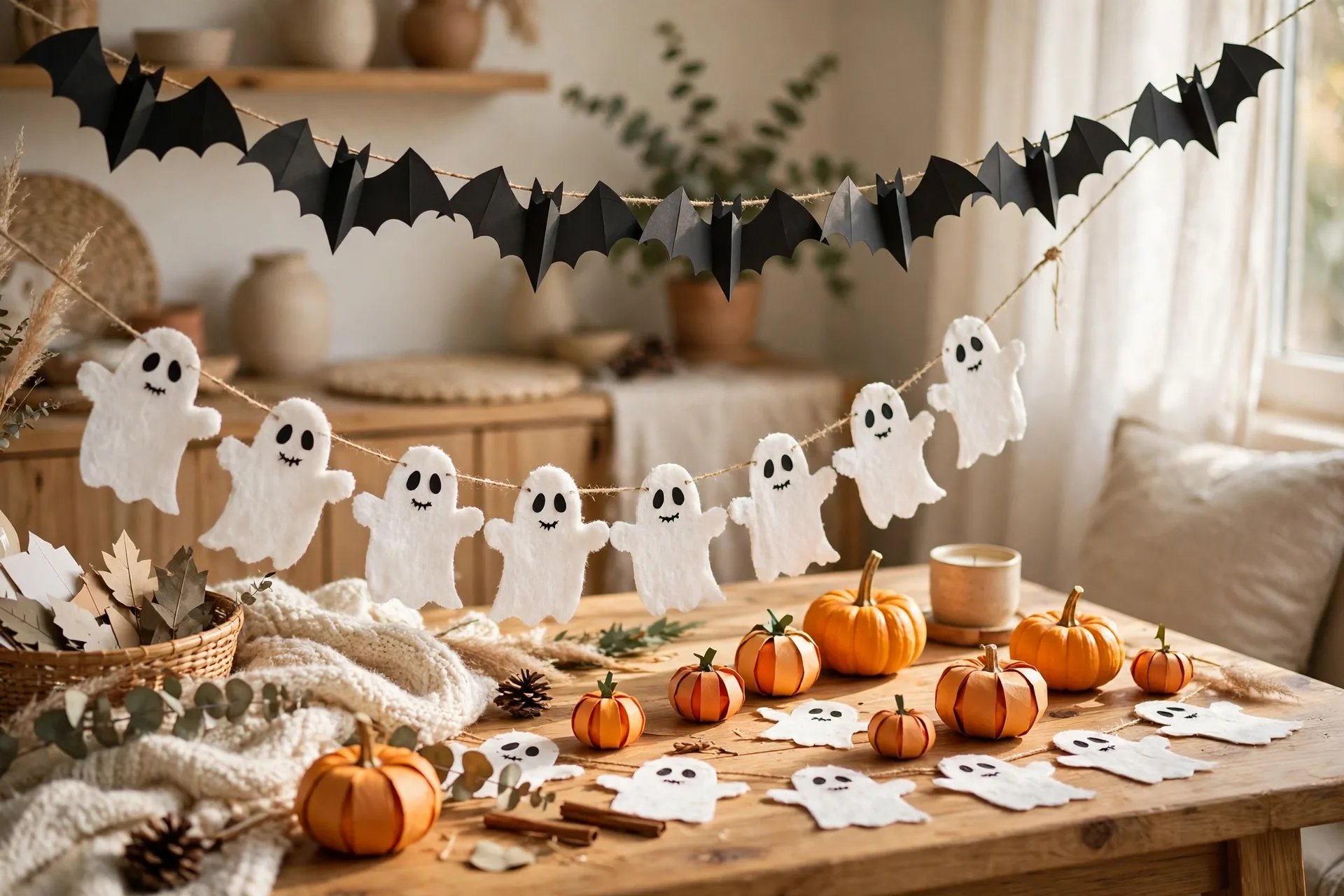 Paper Halloween decorations bats chain ghosts and pumpkins handmade