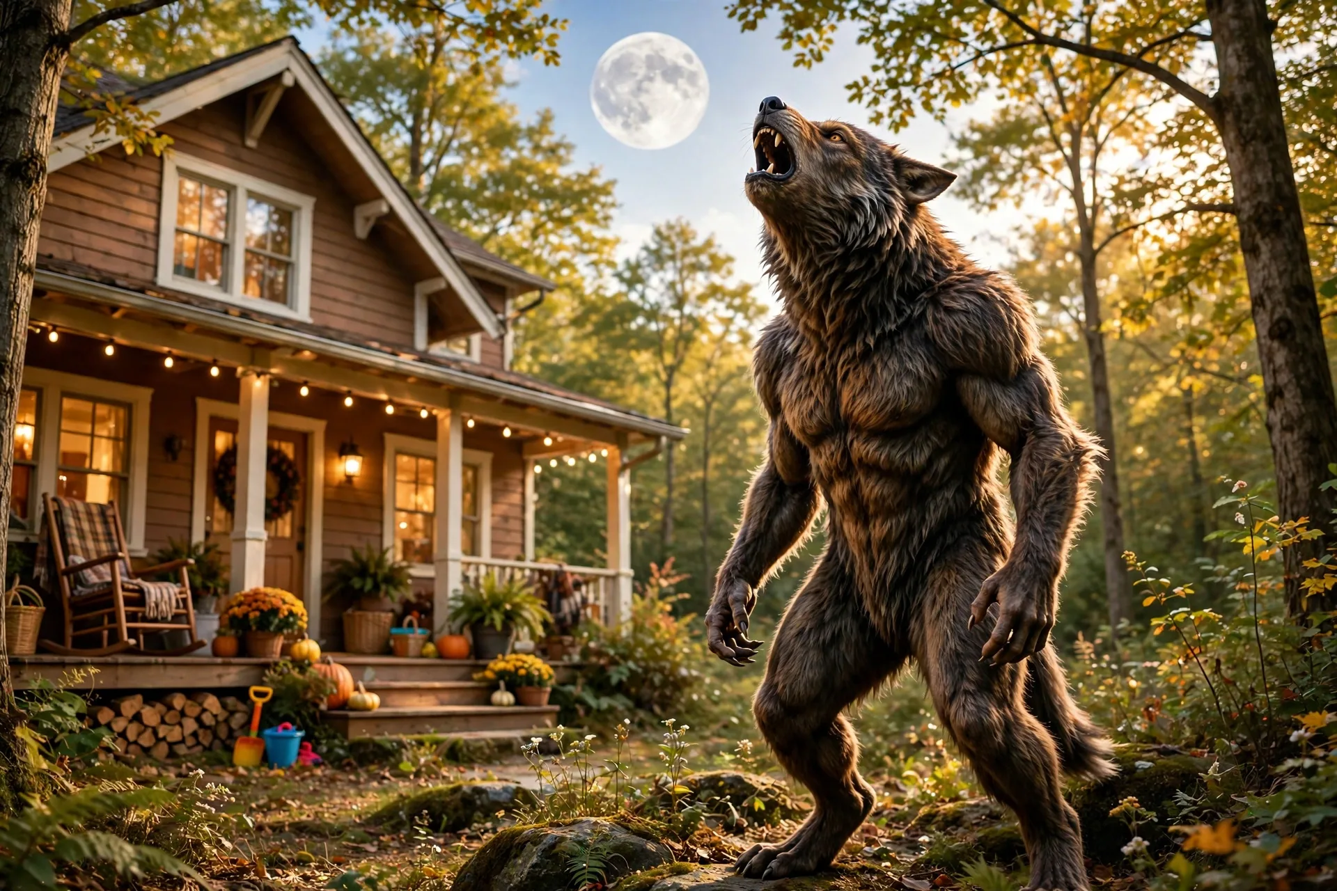 Werewolf howling at a full moon in the woods
