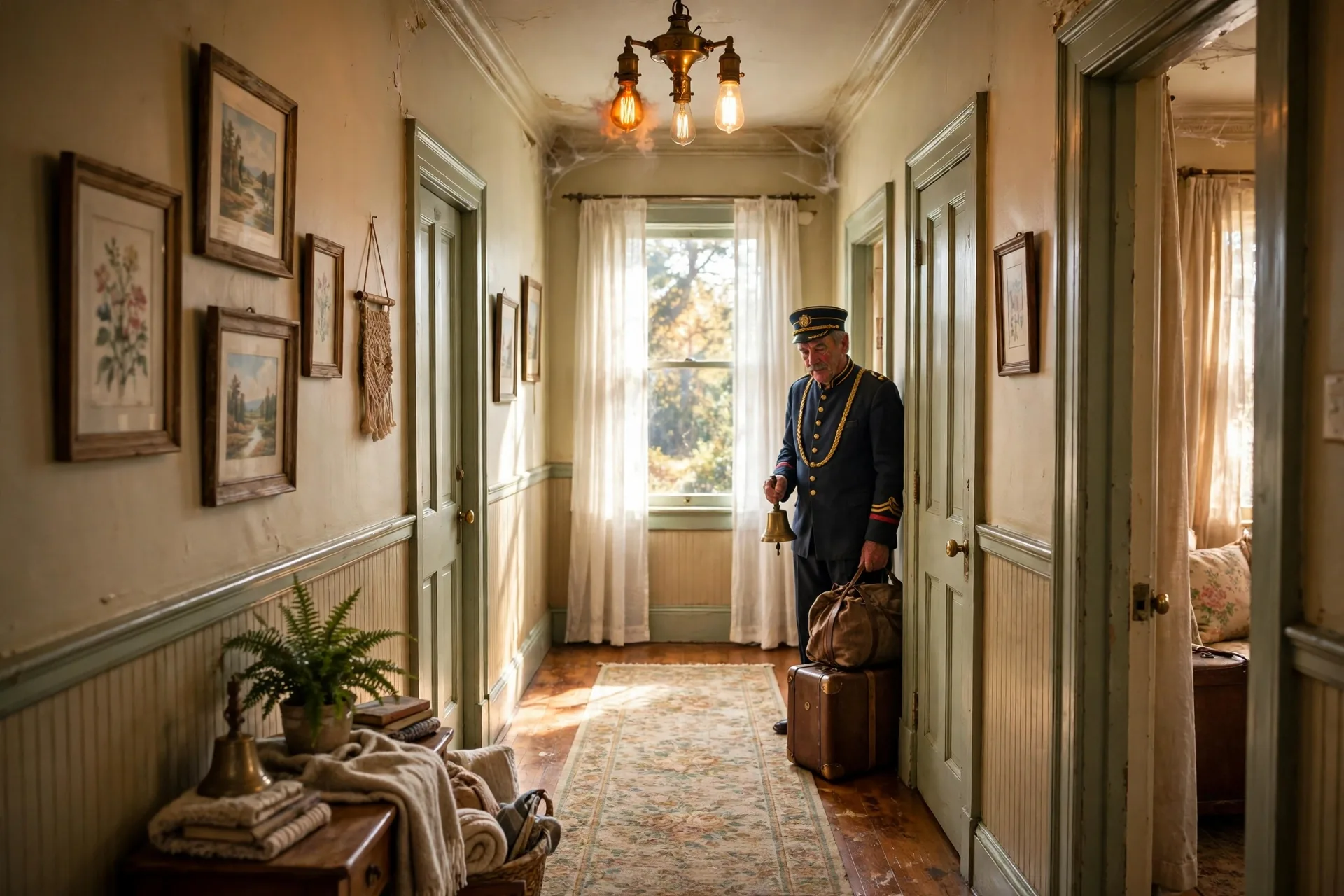 Haunted hotel hallway with flickering light and old bellhop