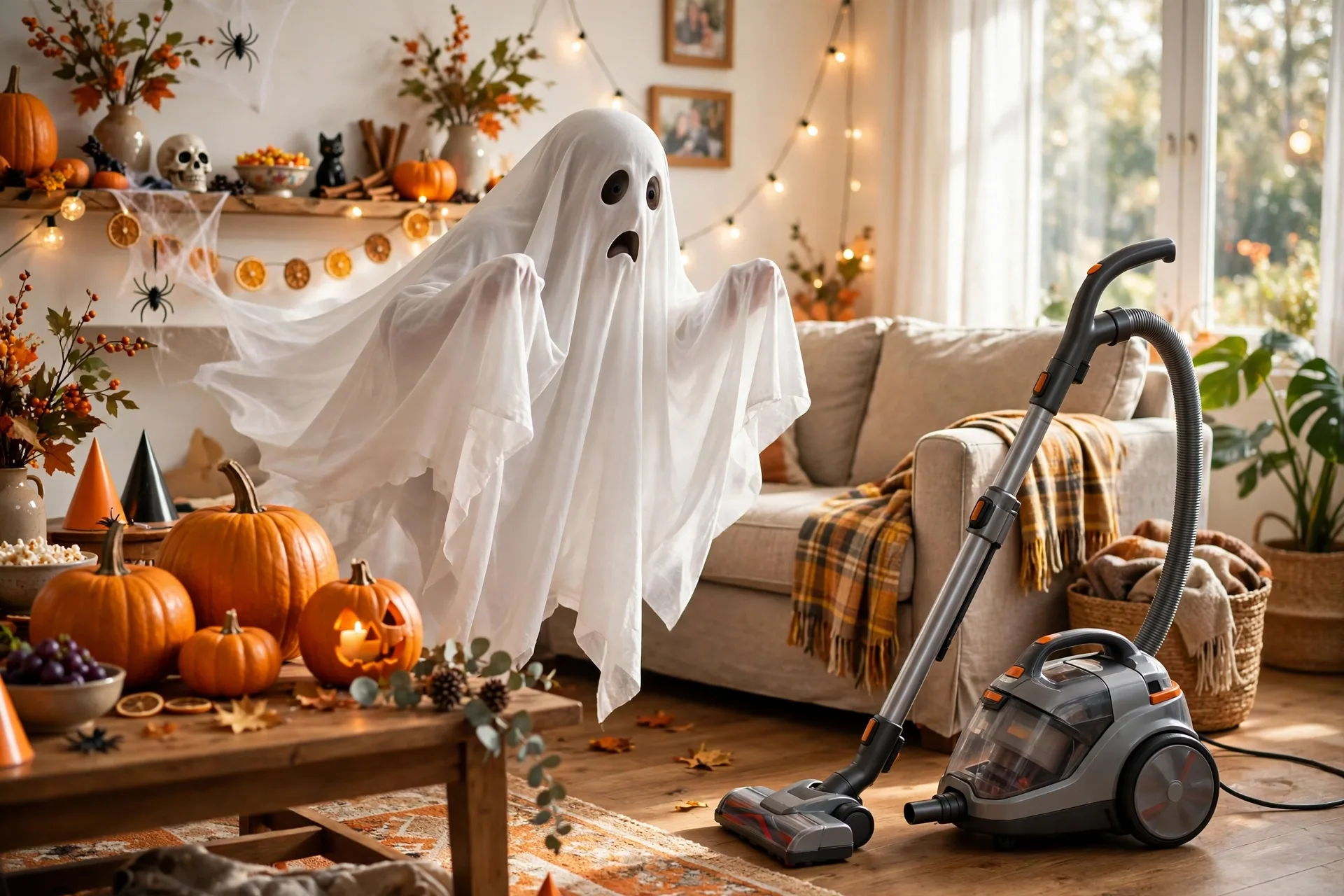 Ghost afraid of a vacuum cleaner at a Halloween party