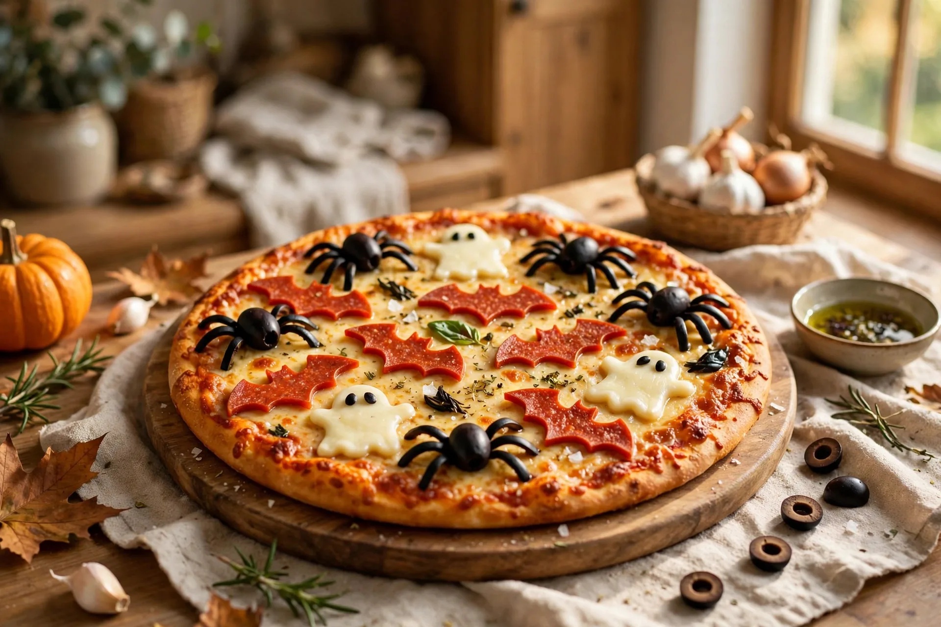 Halloween pizza with pepperoni bats olive spiders and cheese ghosts