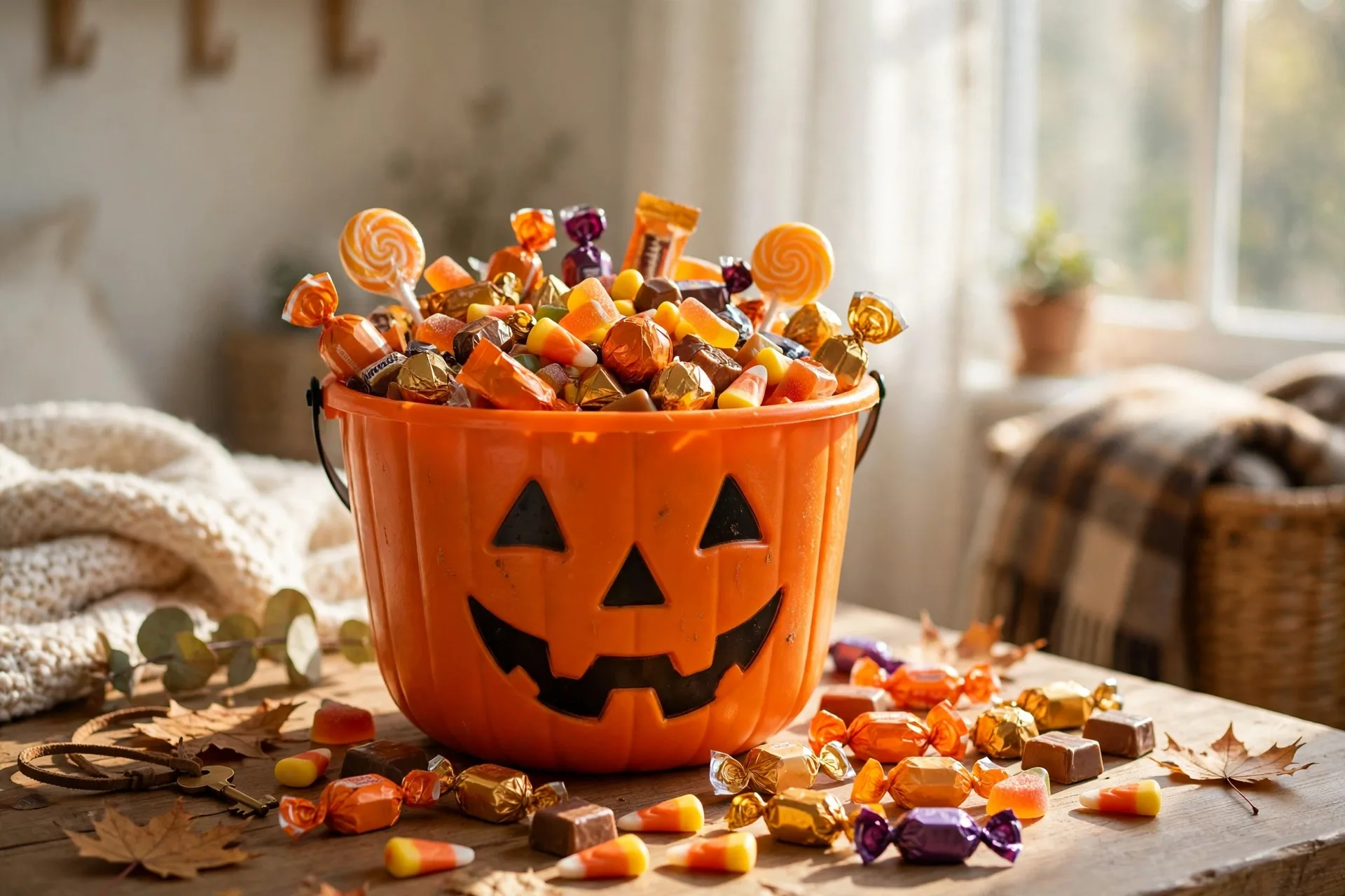 Trick-or-treat bucket at the end of the night full of candy