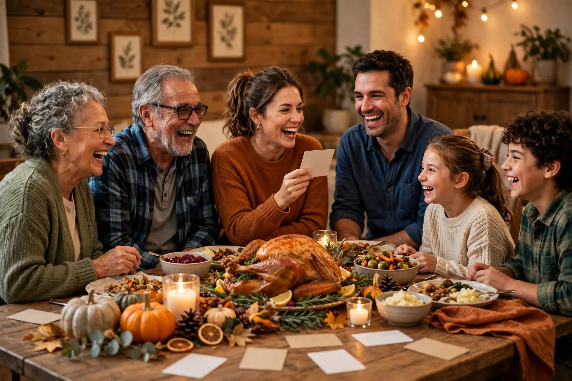 Family laughing while playing the Thanksgiving 5 second game at the dinner table with question cards