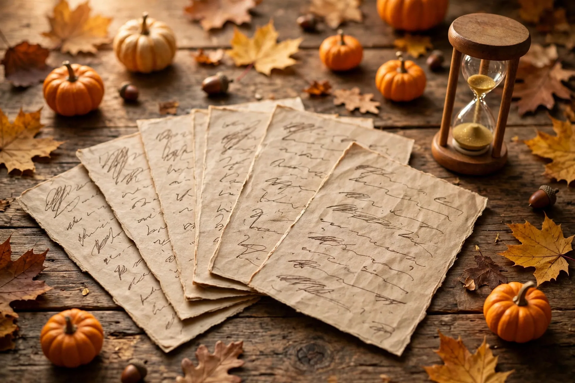 Handwritten Thanksgiving 5 second game question cards fanned on a rustic table beside a sand timer