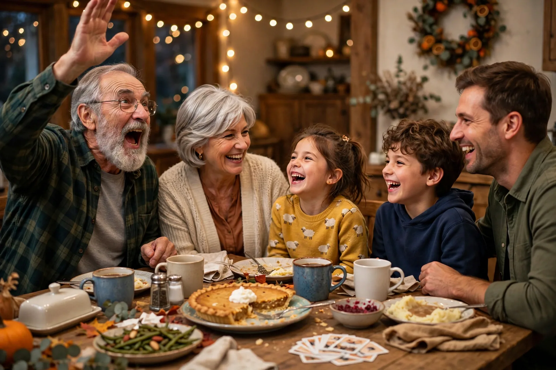 Multi-generational family playing the Thanksgiving 5 second game around the dinner table