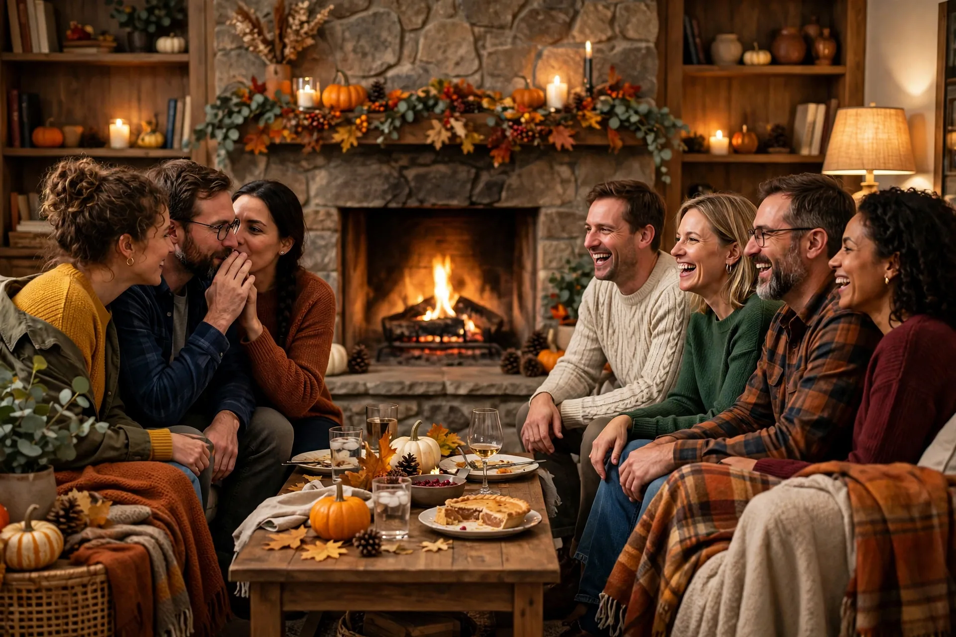 Two teams of adults playing the Thanksgiving 5 second game in a cozy living room after dinner