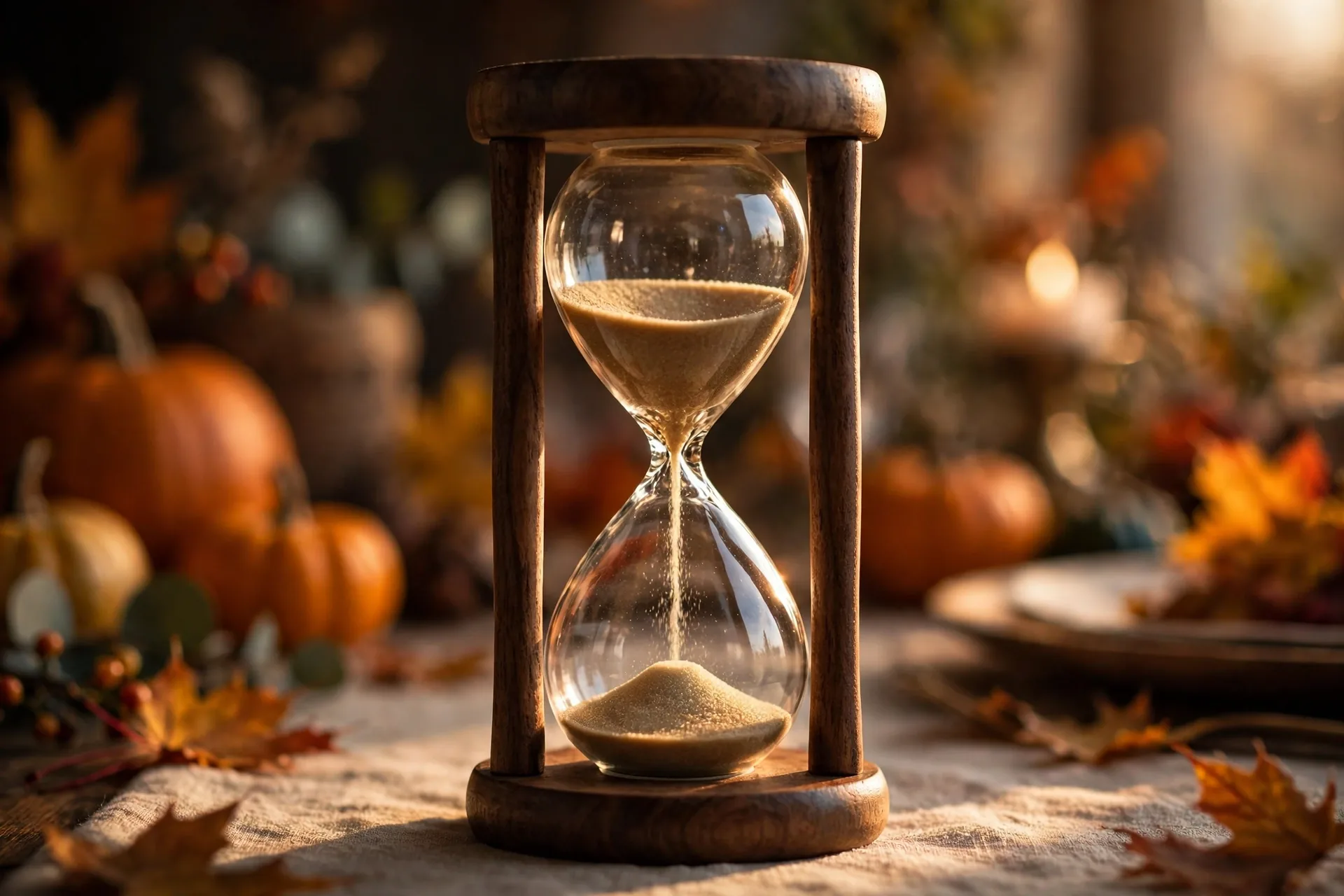 Sand timer on a Thanksgiving table with pumpkins and autumn leaves
