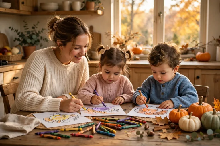 Mom and two young kids coloring Thanksgiving turkey pages together at a kitchen table with crayons and small pumpkins nearby