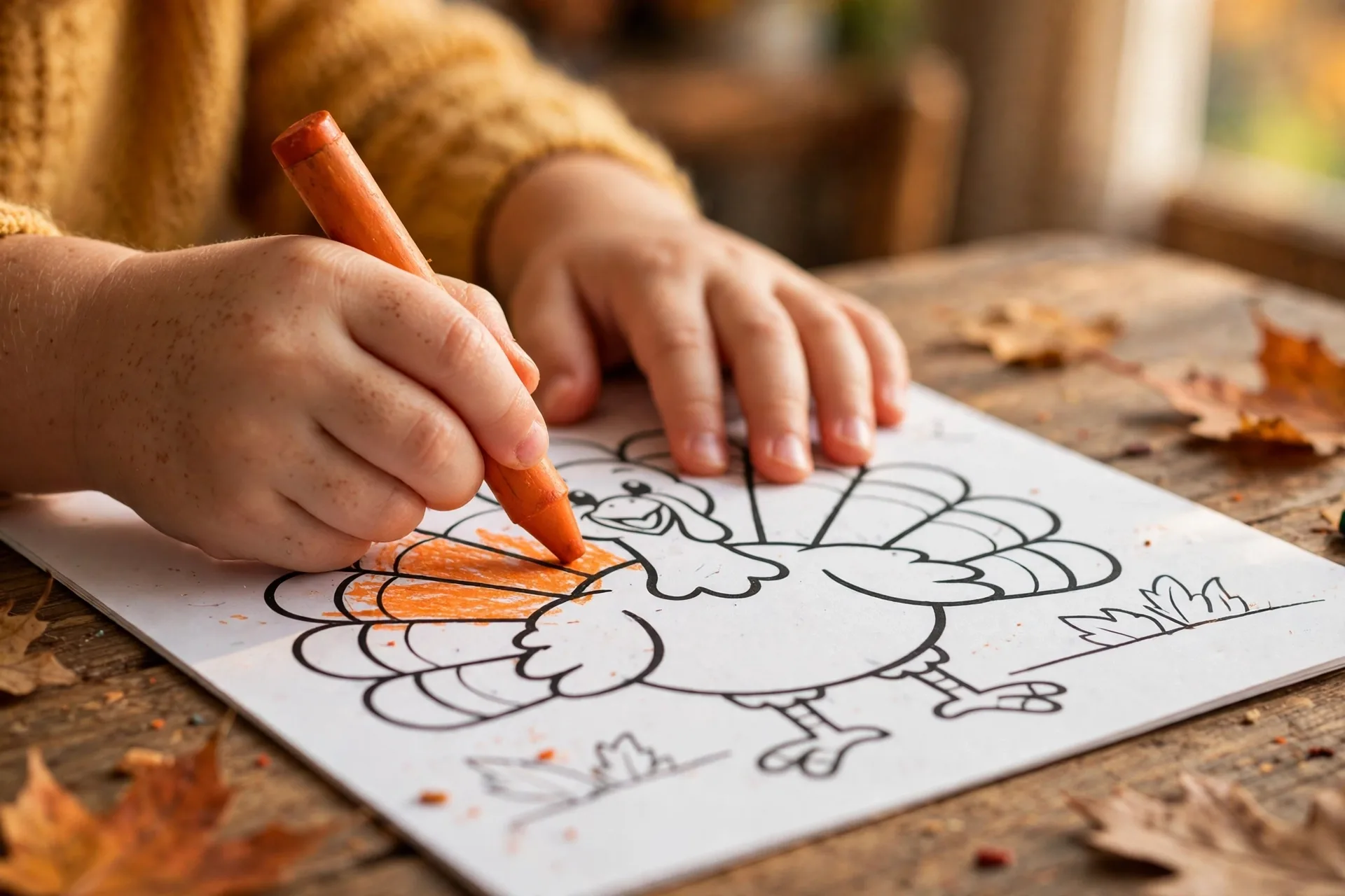 Four-year-old girl coloring a big smiling turkey Thanksgiving coloring page with a chunky orange crayon